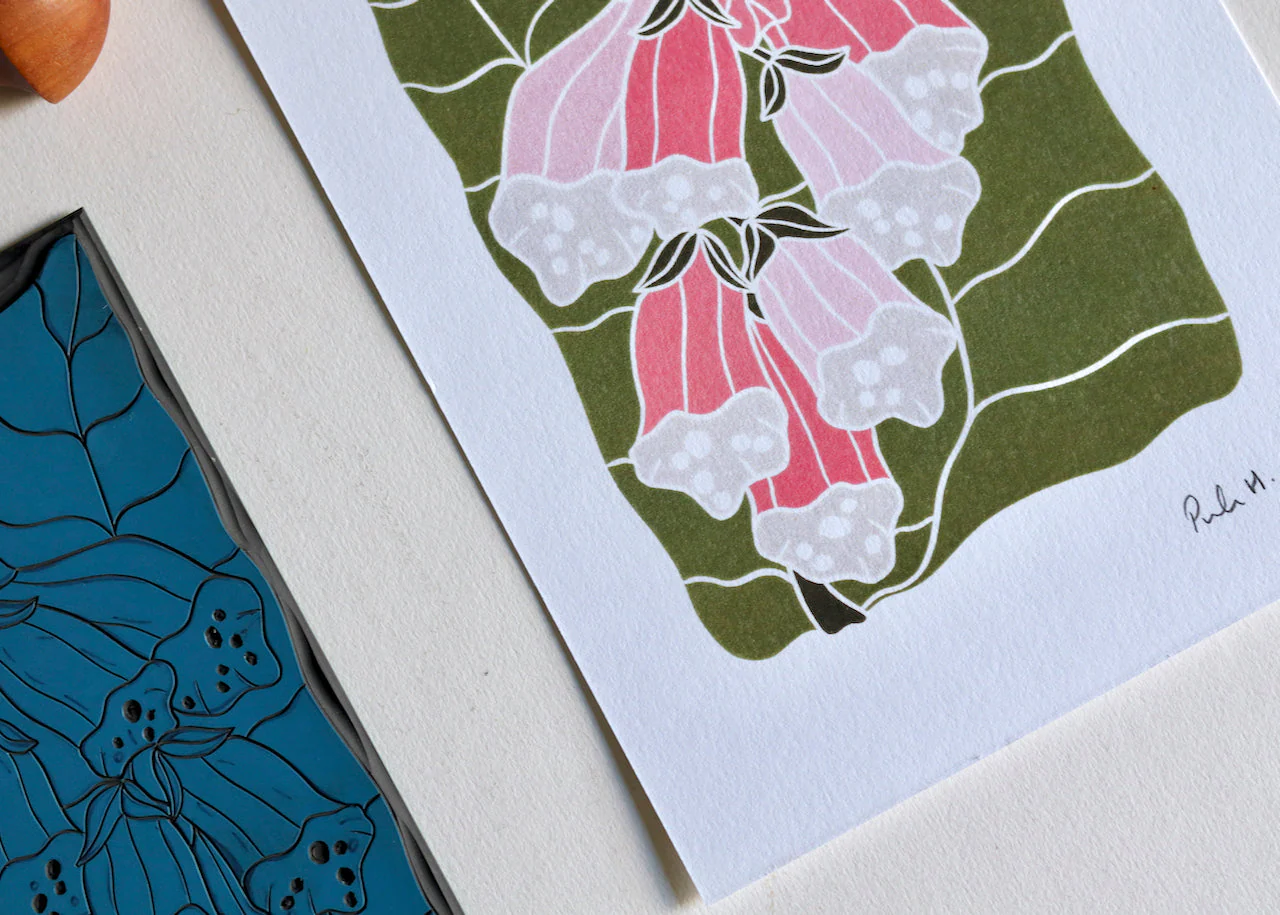 British Woodland Foxglove Linocut Art | A5 or A4 Art Print on Cotton Paper - Image 12