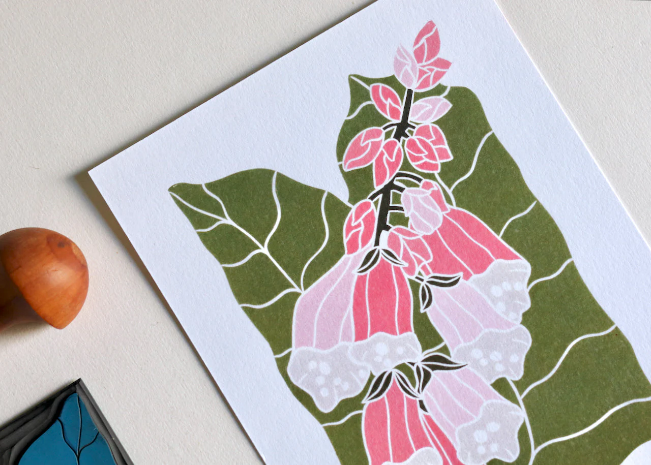 British Woodland Foxglove Linocut Art | A5 or A4 Art Print on Cotton Paper - Image 13