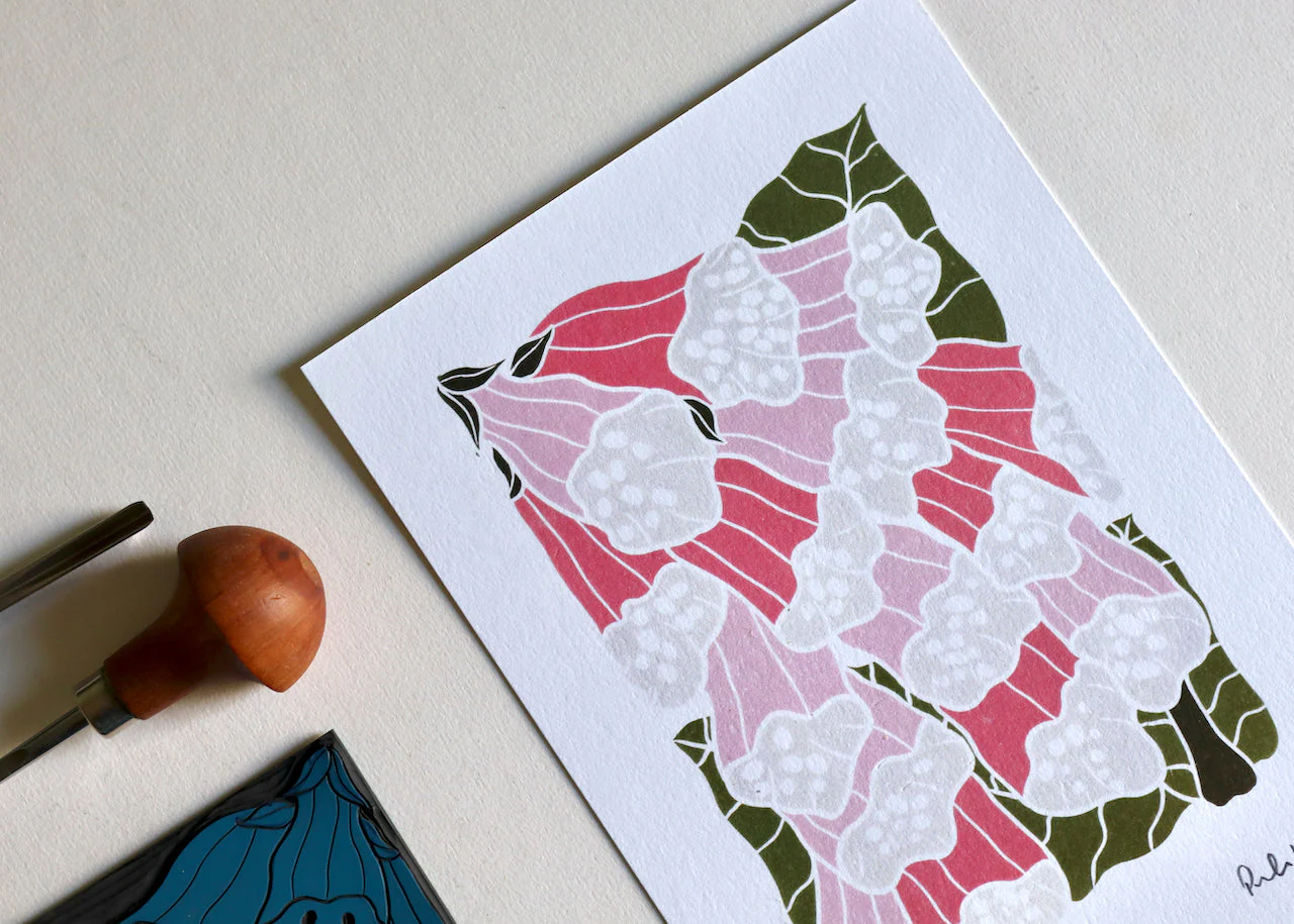 British Woodland Foxglove Linocut Art | A5 or A4 Art Print on Cotton Paper - Image 2