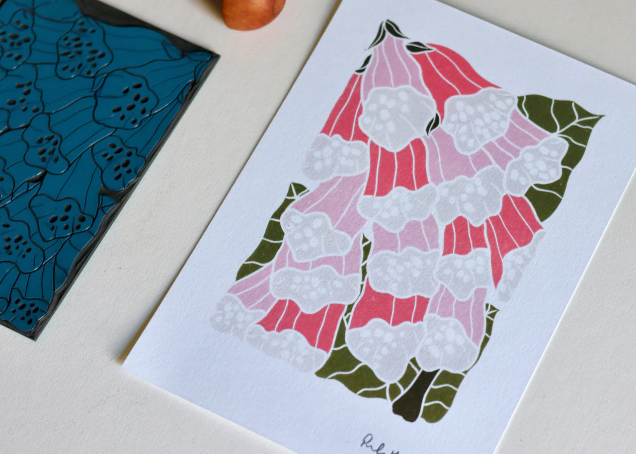 British Woodland Foxglove Linocut Art | A5 or A4 Art Print on Cotton Paper - Image 3