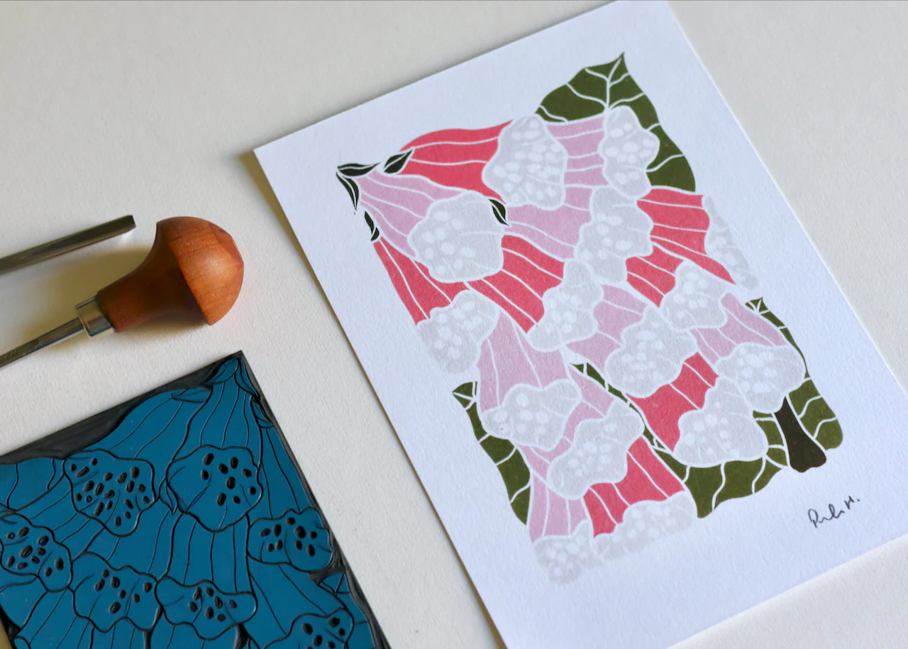 British Woodland Foxglove Linocut Art | A5 or A4 Art Print on Cotton Paper - Image 4