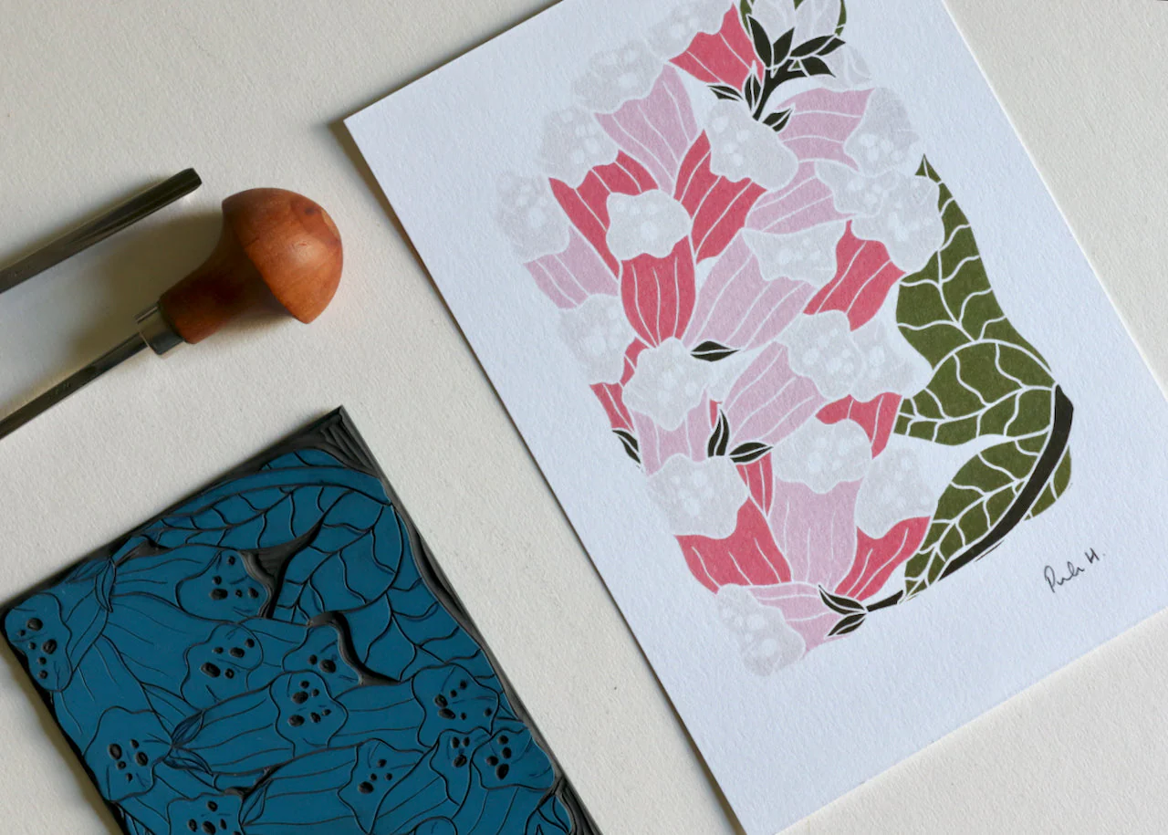 British Woodland Foxglove Linocut Art | A5 or A4 Art Print on Cotton Paper - Image 7