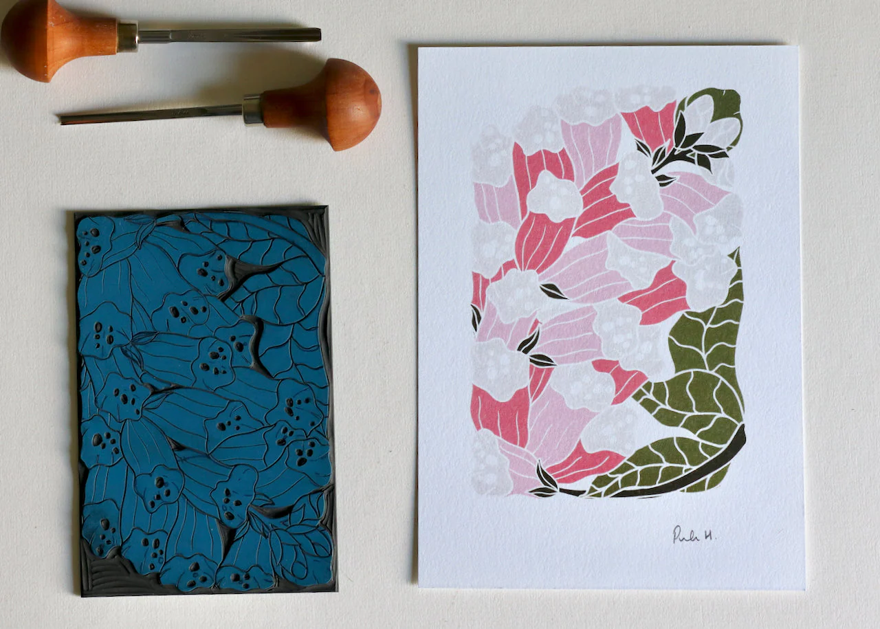 British Woodland Foxglove Linocut Art | A5 or A4 Art Print on Cotton Paper - Image 9