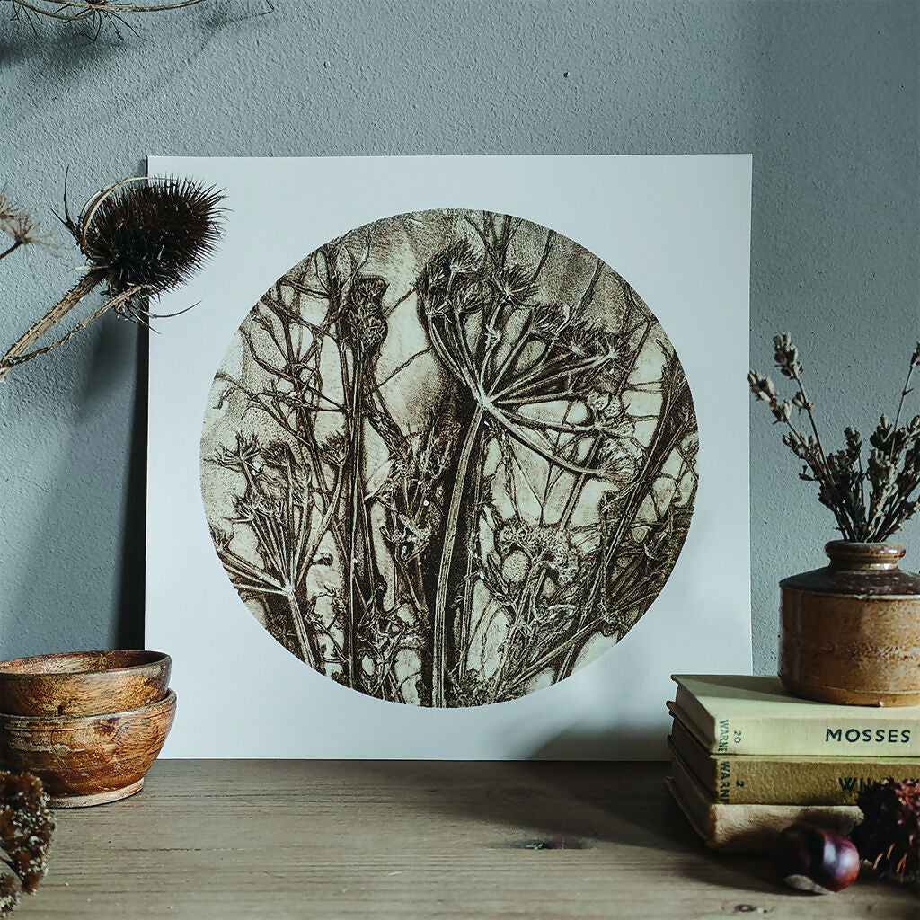Brown Circular Gelli Print Wildflower and Grasses Giclee Print