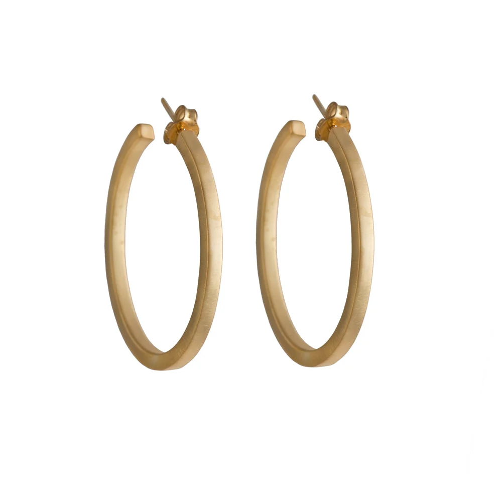 Brushed Gold Plated Sterling Silver Hoops with Flat Square Edge - Image 2