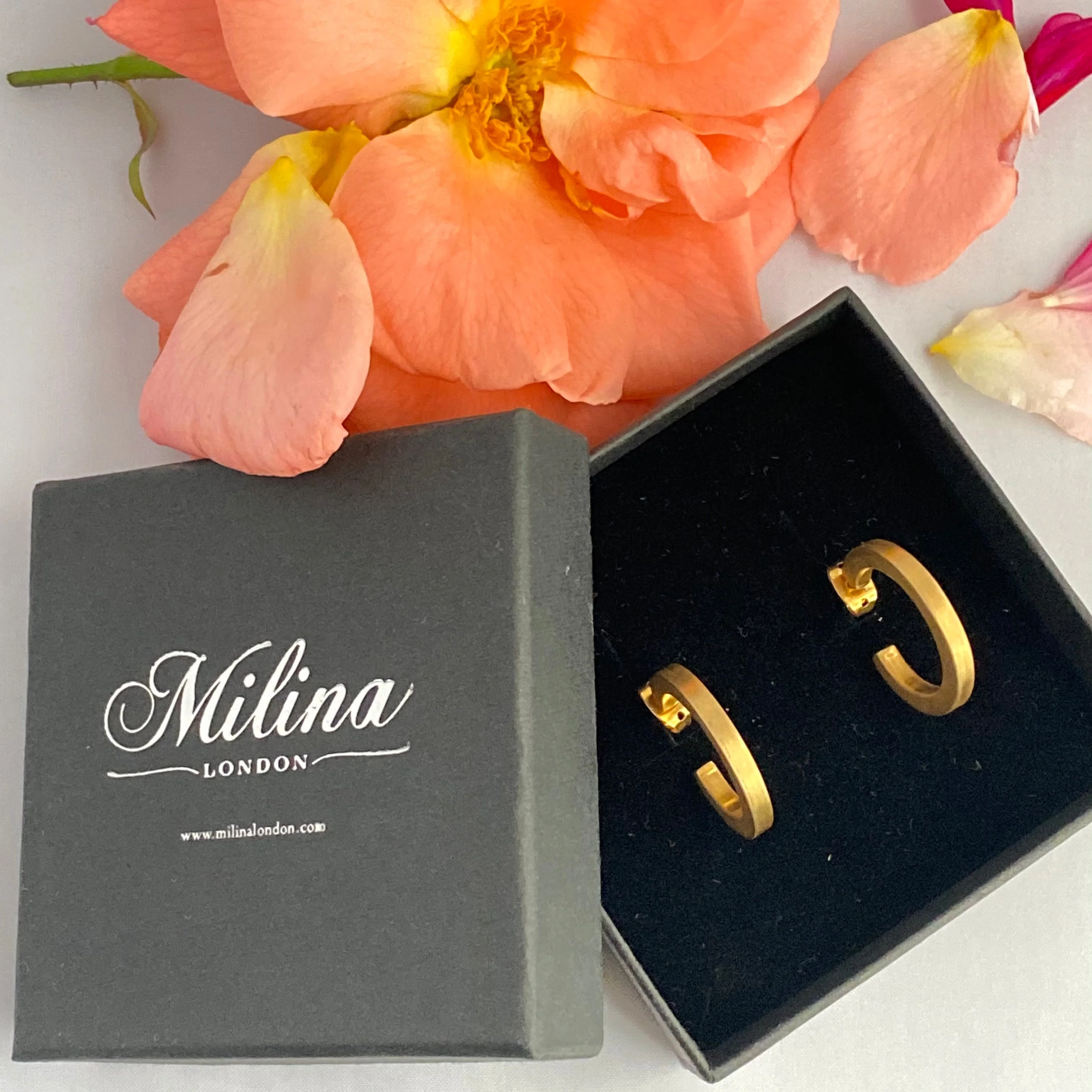 Brushed Gold Plated Sterling Silver Hoops with Flat Square Edge - Image 4