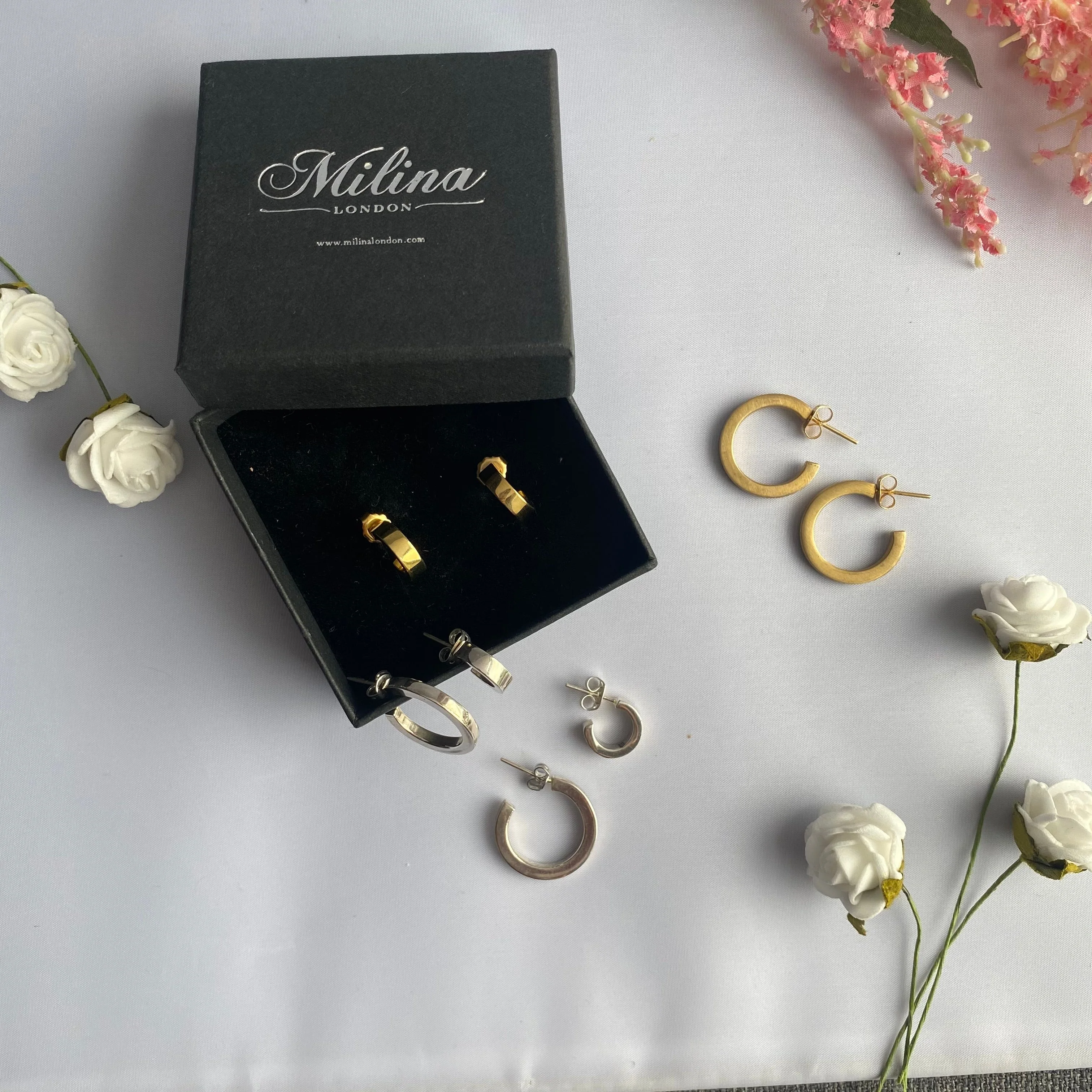 Brushed Gold Plated Sterling Silver Hoops with Flat Square Edge - Image 5