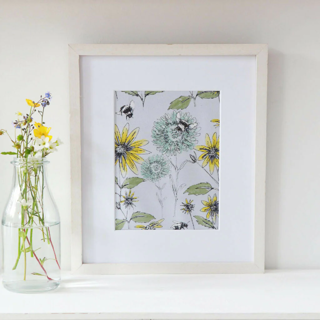Bumblebee and Flora Grey Mounted Fabric Print - Image 2