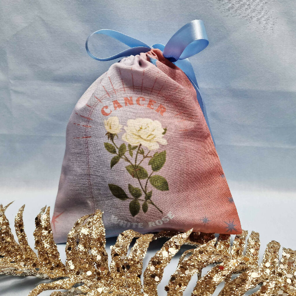 Cancer White Rose Birth Flower Gift Pouch in Pink and Blue