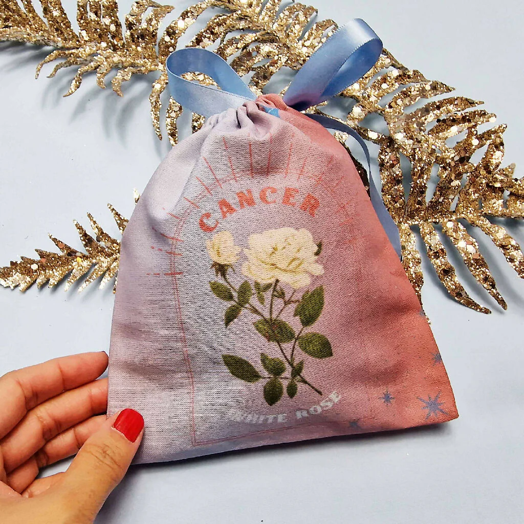 Cancer White Rose Birth Flower Gift Pouch in Pink and Blue - Image 3