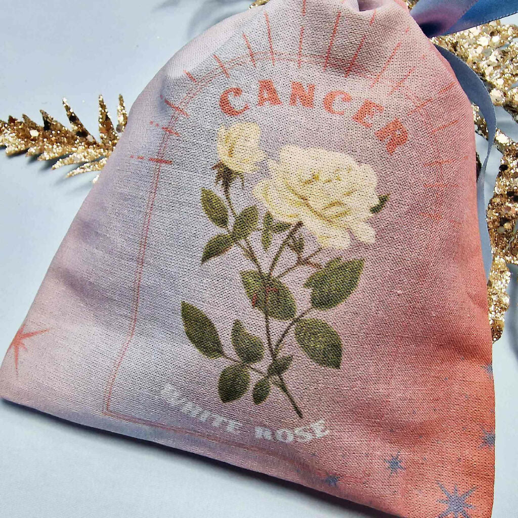 Cancer White Rose Birth Flower Gift Pouch in Pink and Blue - Image 4