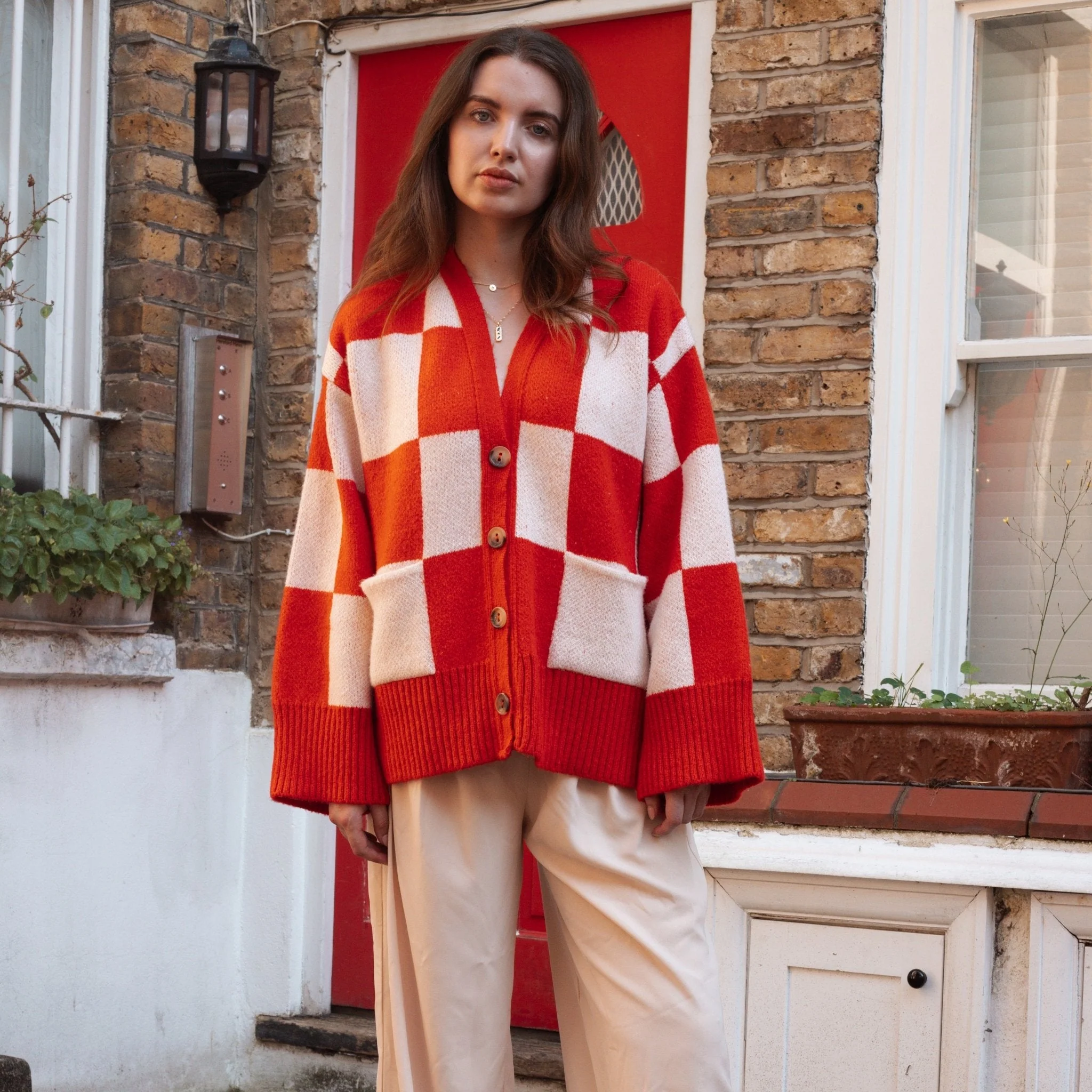Candice Checkerboard Wide Sleeve Cardigan - Red & White