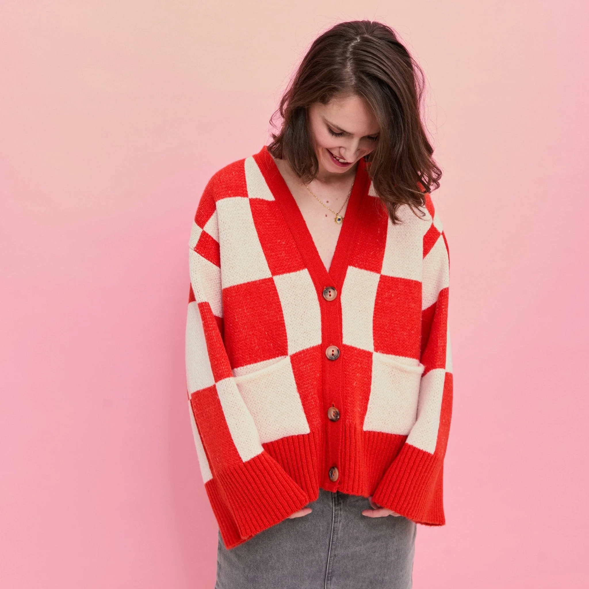 Candice Checkerboard Wide Sleeve Cardigan - Red & White - Image 10