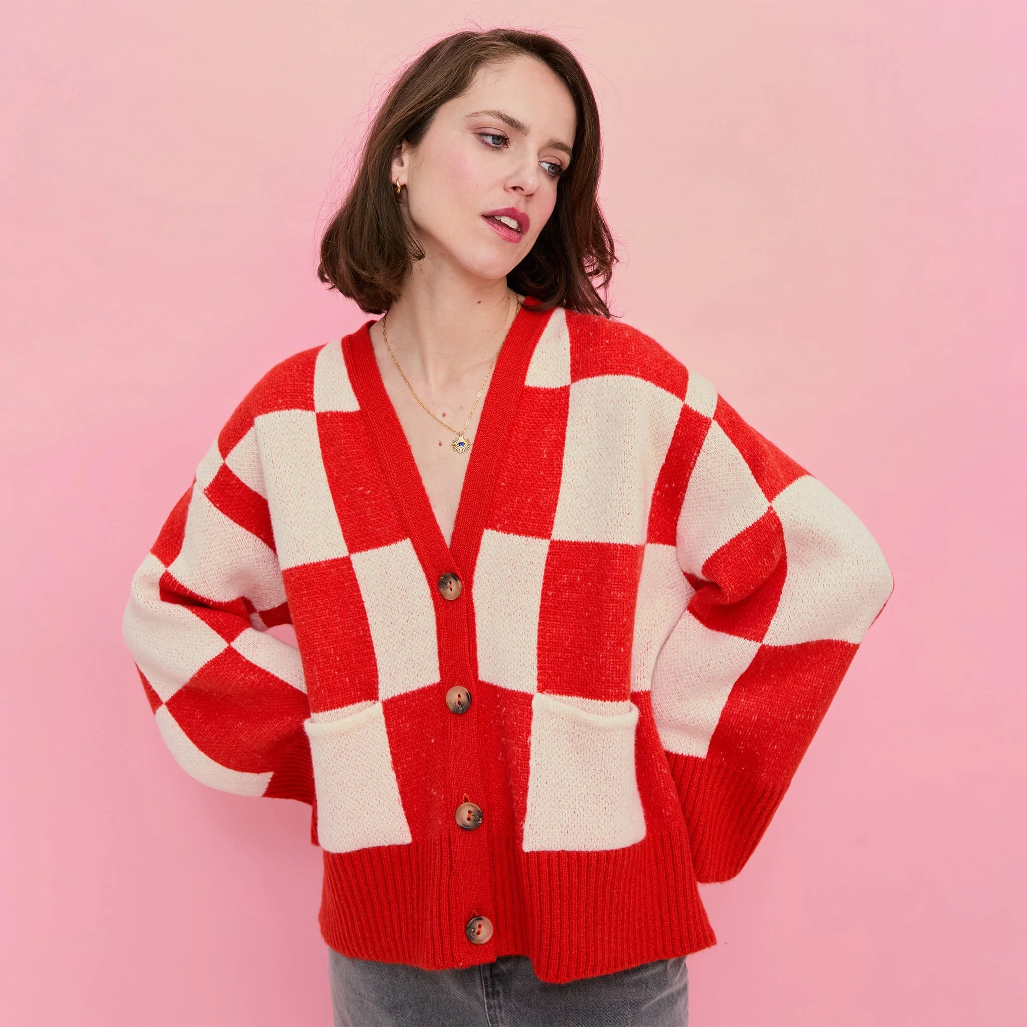 Candice Checkerboard Wide Sleeve Cardigan - Red & White - Image 11