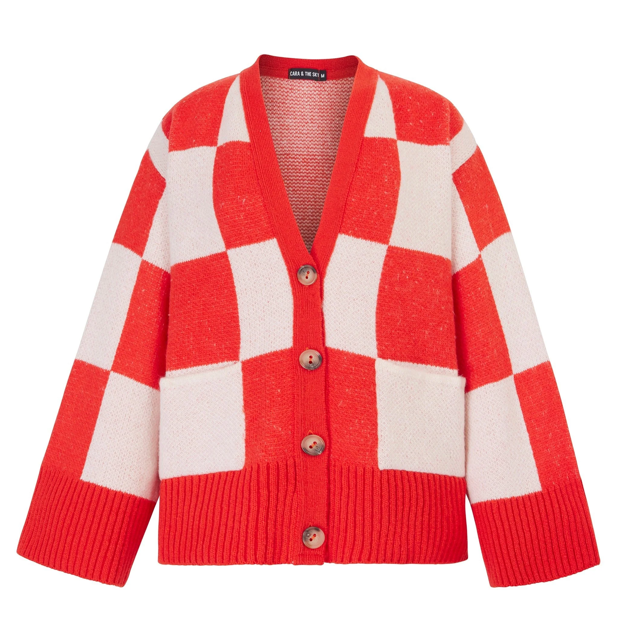 Candice Checkerboard Wide Sleeve Cardigan - Red & White - Image 2