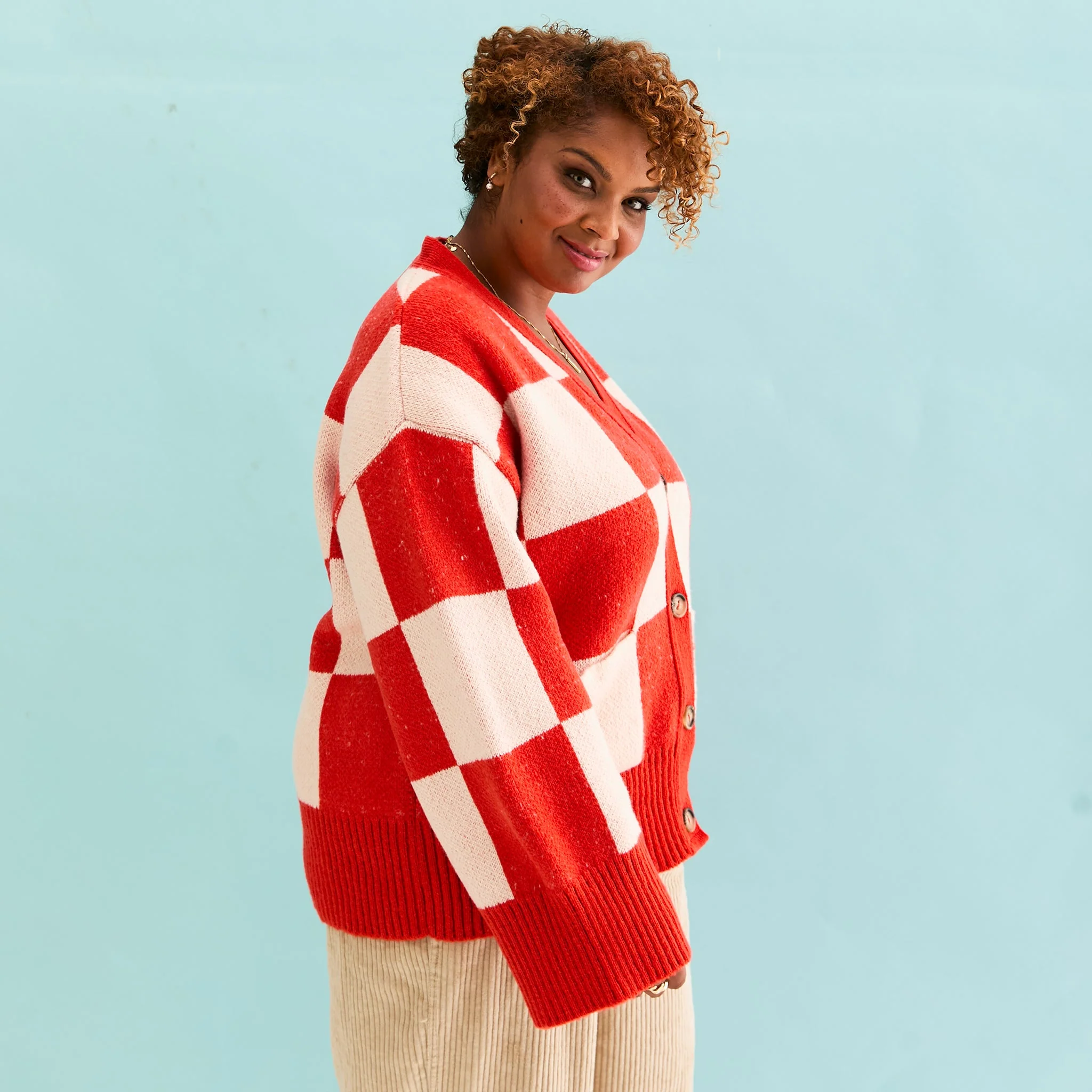Candice Checkerboard Wide Sleeve Cardigan - Red & White - Image 5