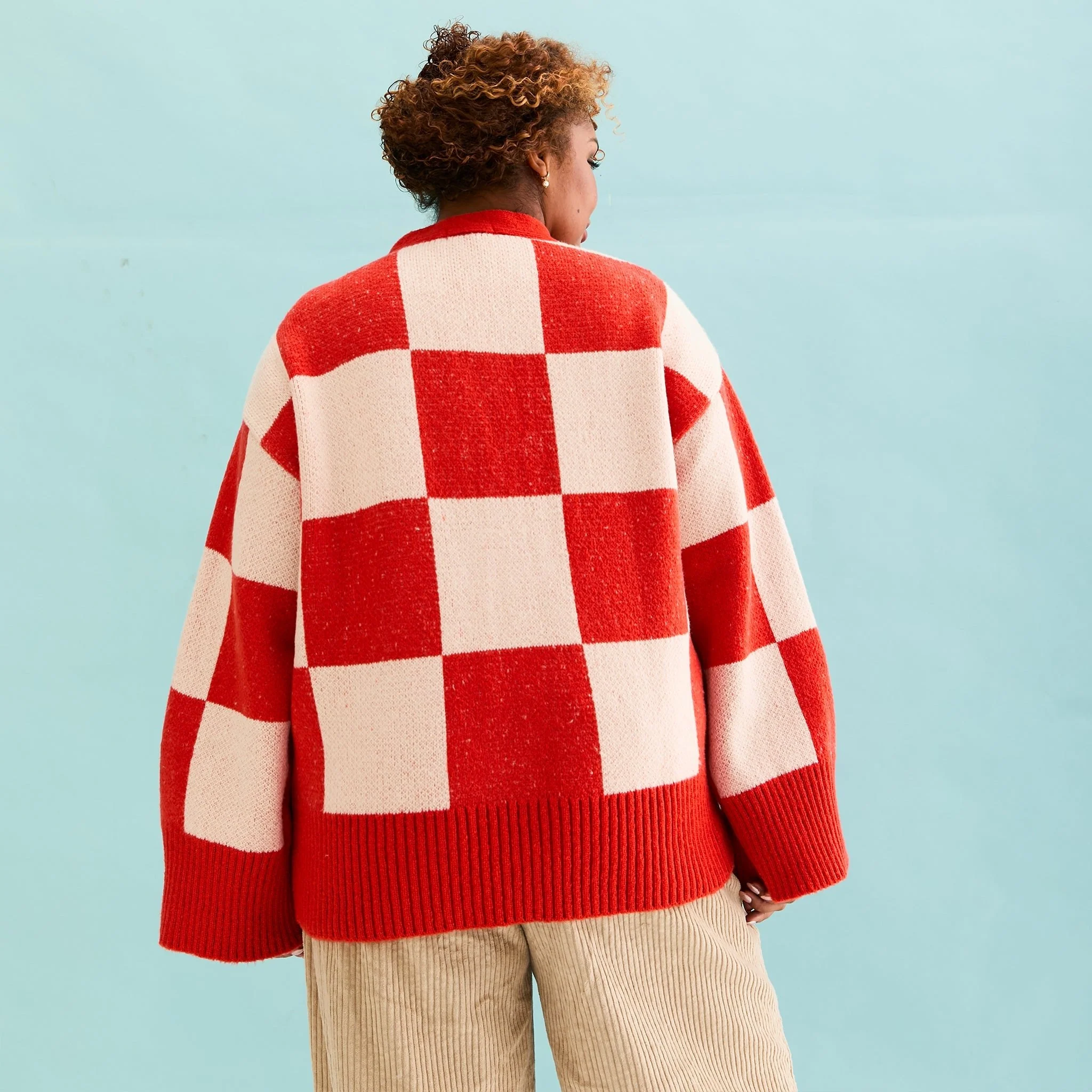 Candice Checkerboard Wide Sleeve Cardigan - Red & White - Image 6