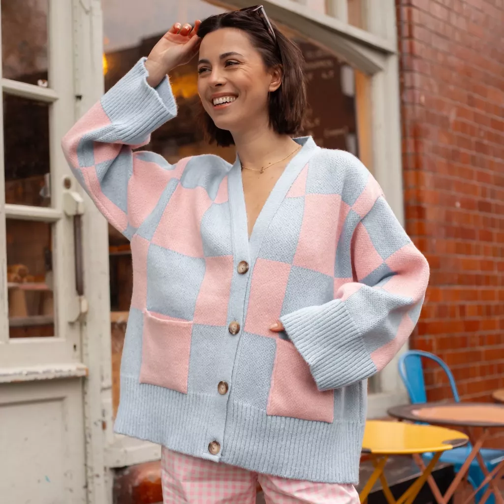 Candice Checked Wide Sleeve Cardigan - Pink & Blue