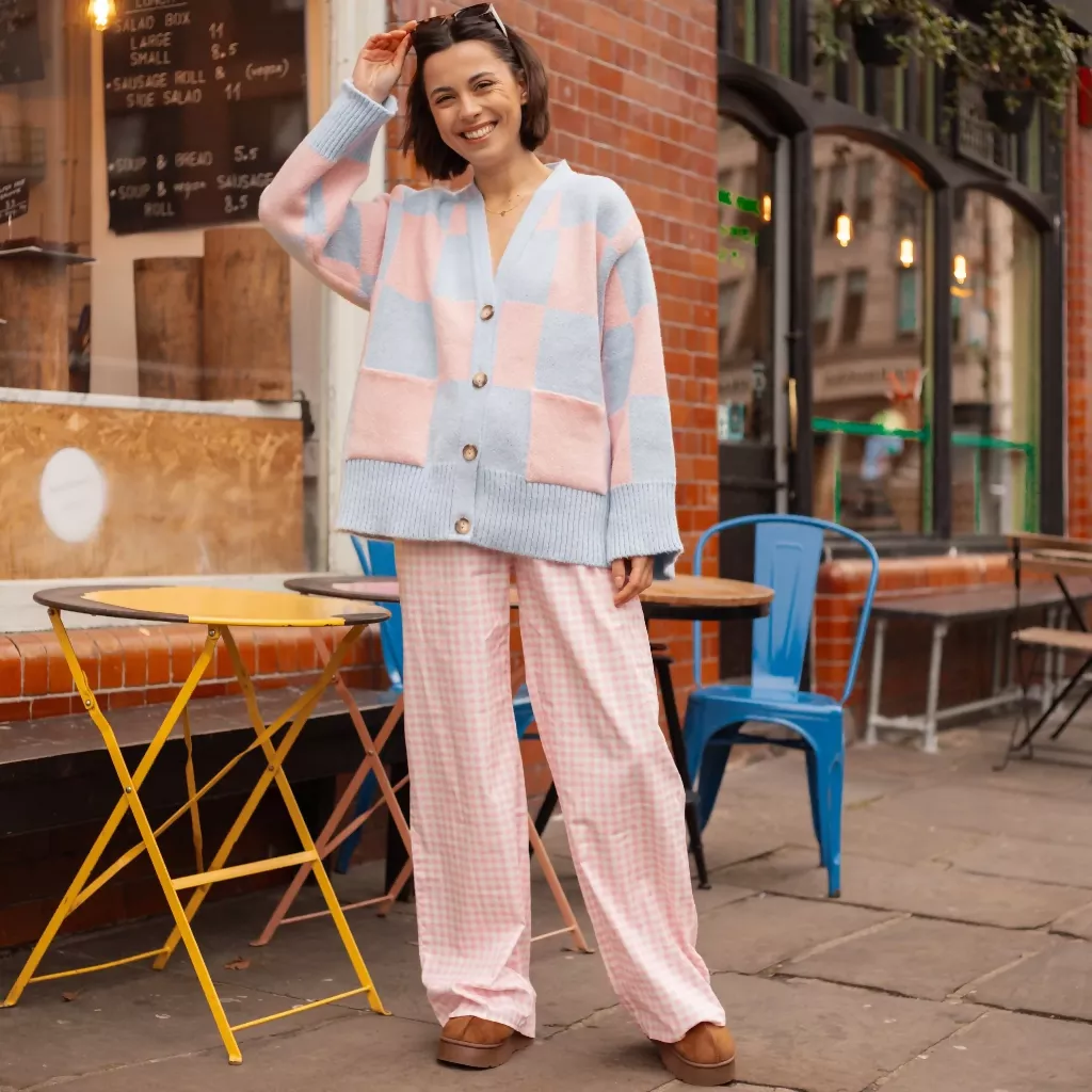 Candice Checked Wide Sleeve Cardigan - Pink & Blue - Image 10