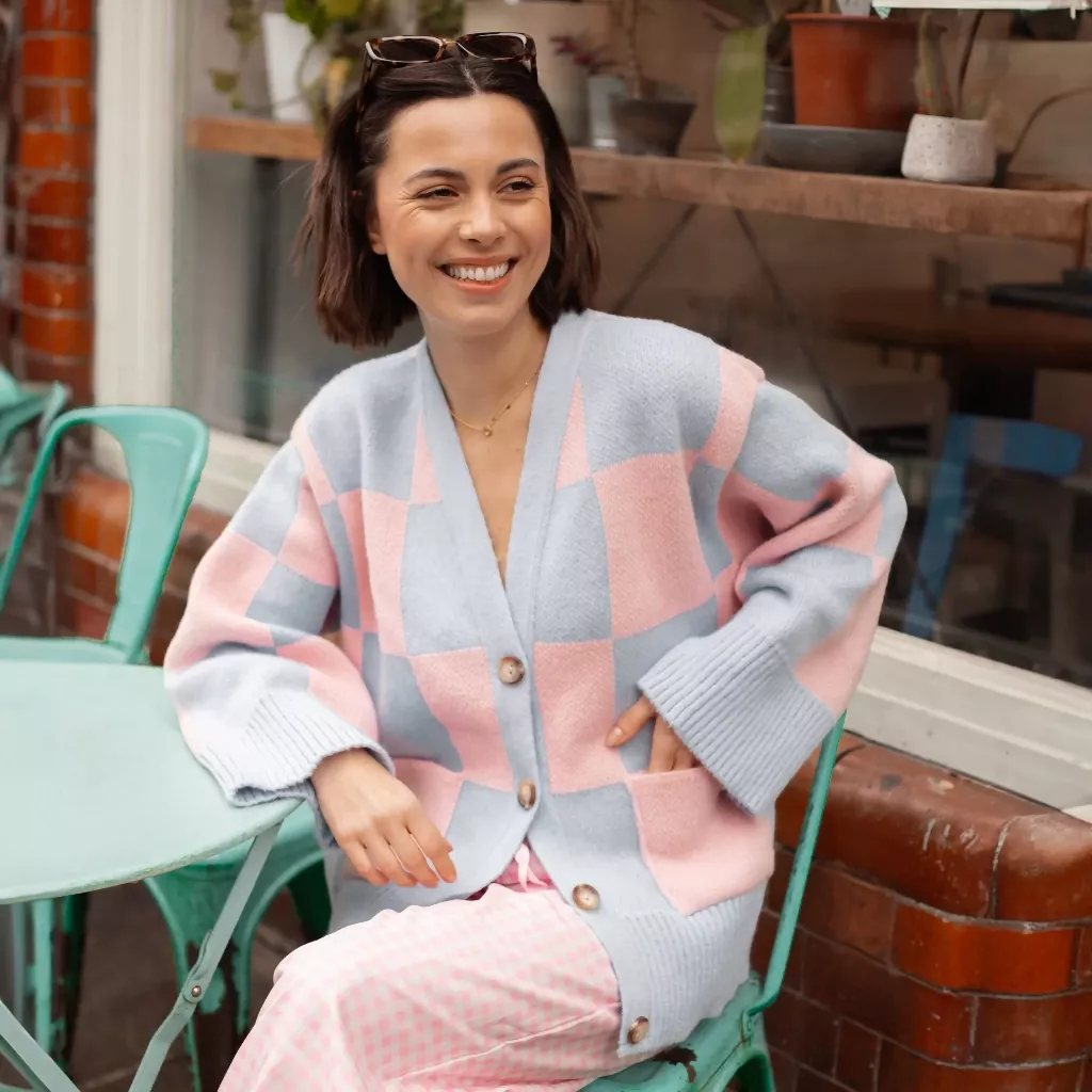 Candice Checked Wide Sleeve Cardigan - Pink & Blue - Image 11