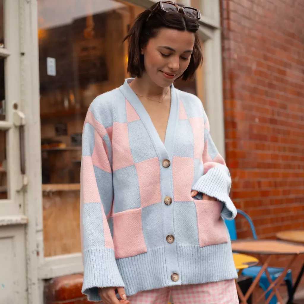 Candice Checked Wide Sleeve Cardigan - Pink & Blue - Image 2