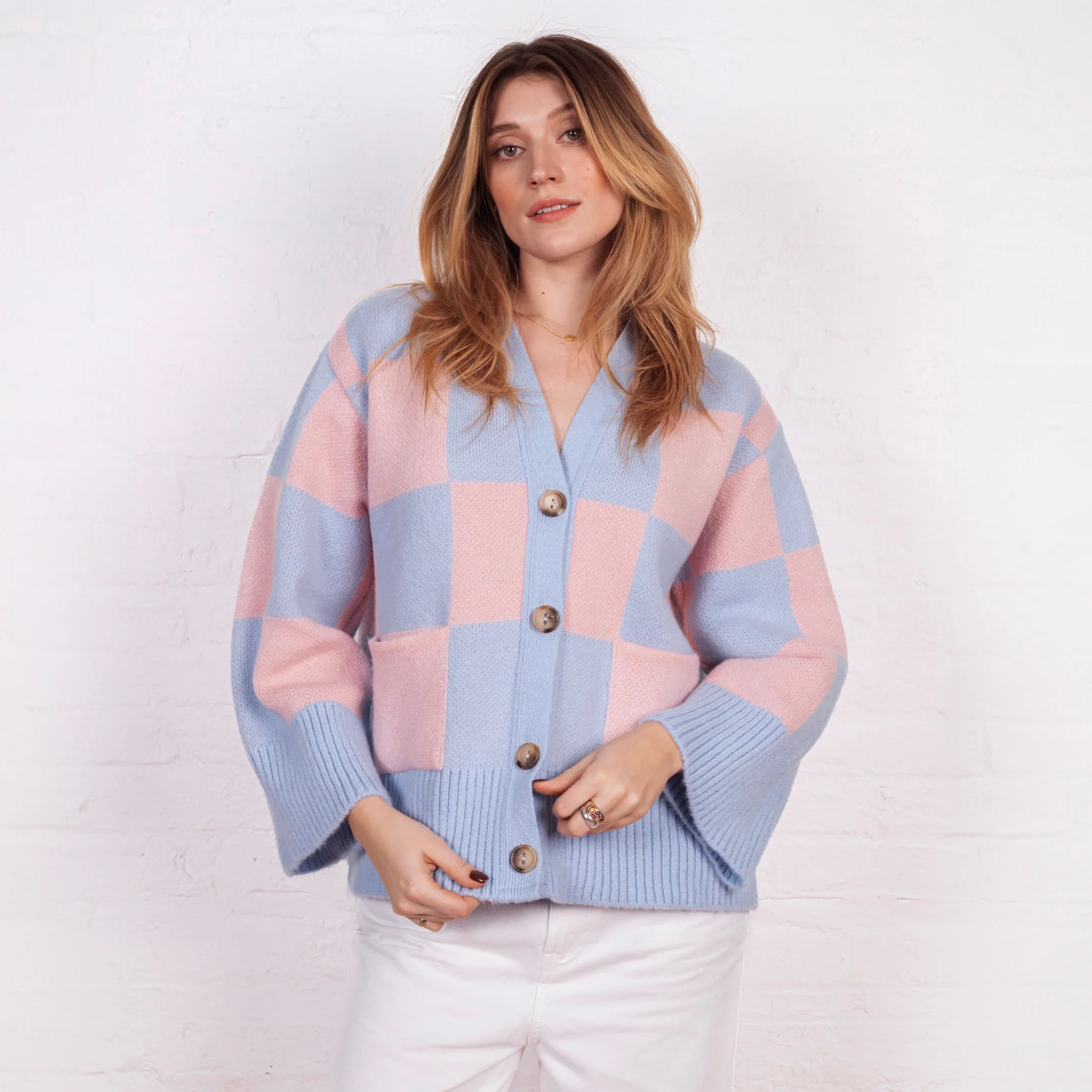 Candice Checked Wide Sleeve Cardigan - Pink & Blue - Image 3