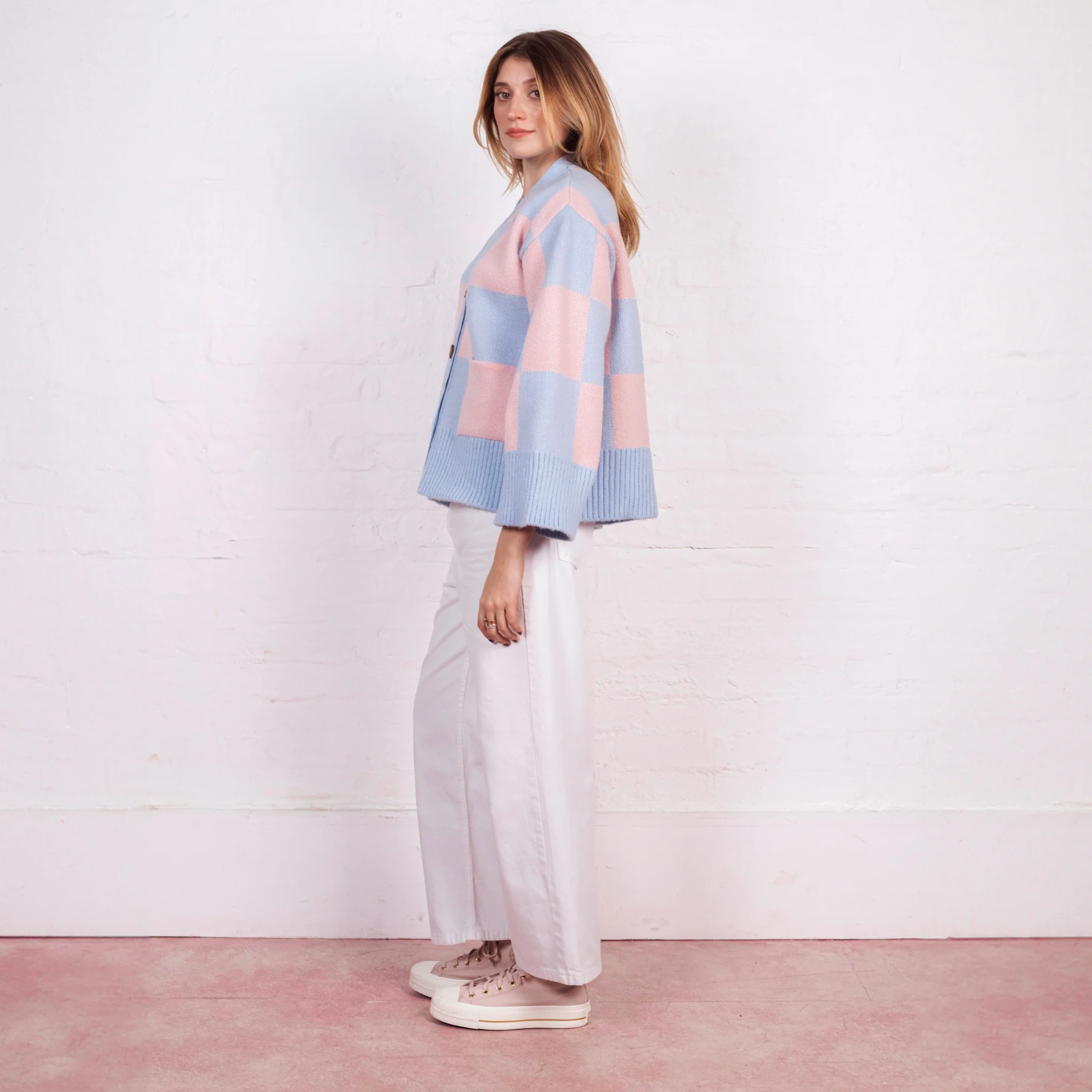 Candice Checked Wide Sleeve Cardigan - Pink & Blue - Image 4