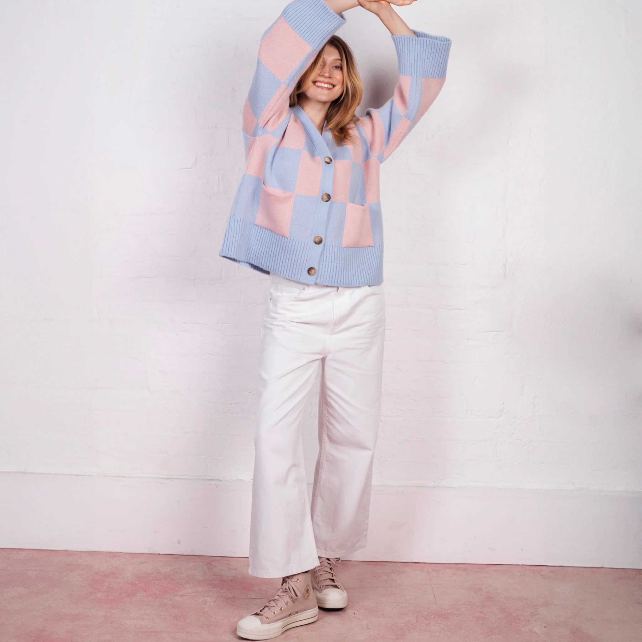 Candice Checked Wide Sleeve Cardigan - Pink & Blue - Image 6