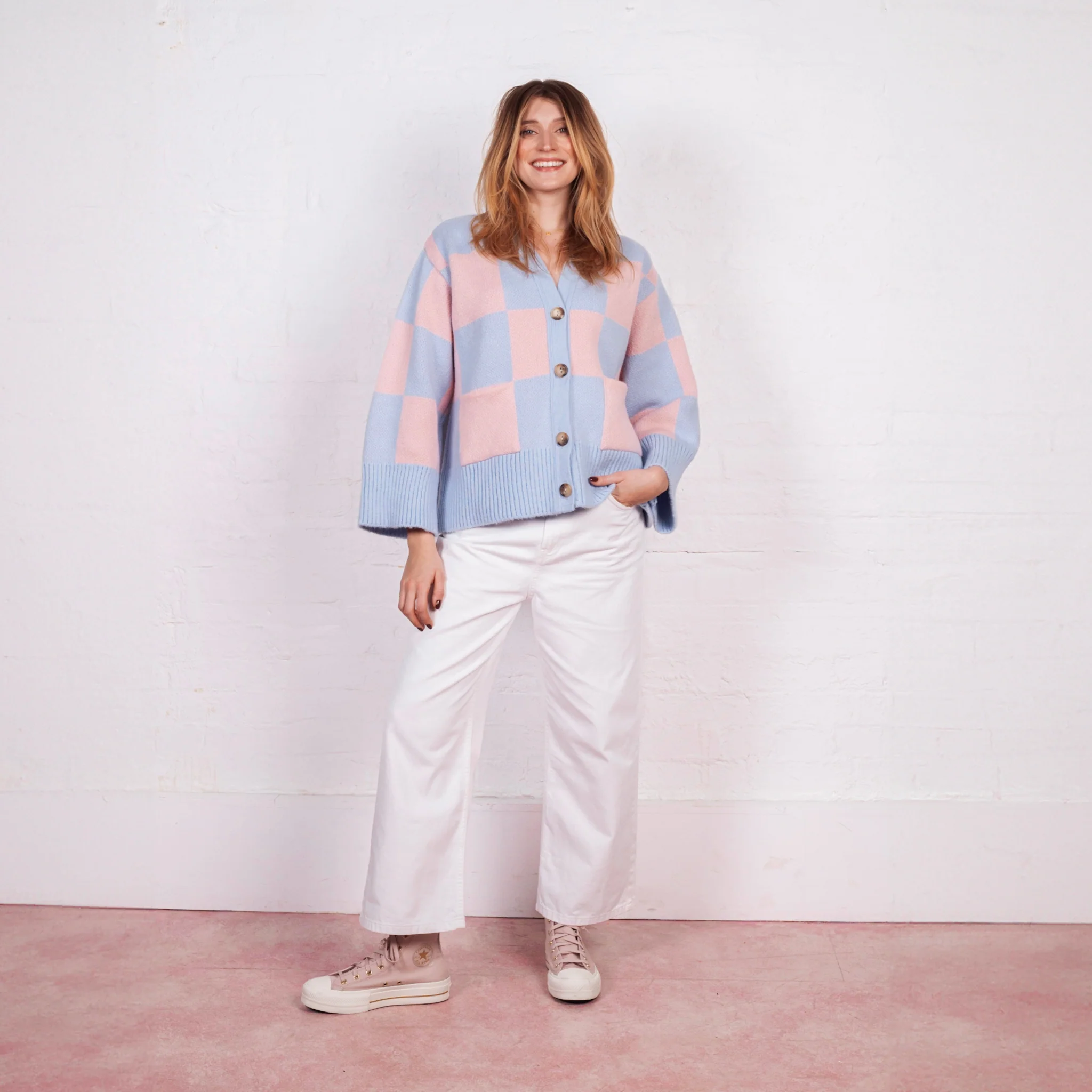 Candice Checked Wide Sleeve Cardigan - Pink & Blue - Image 7