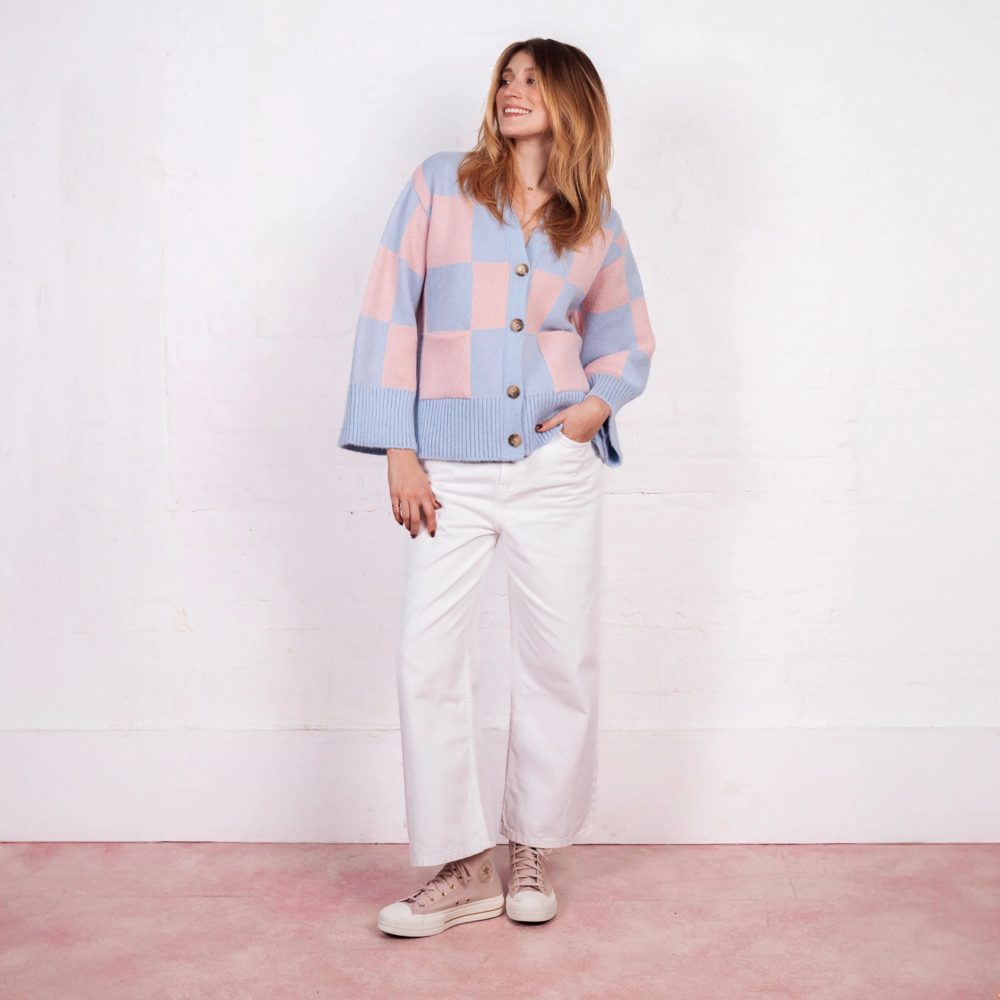 Candice Checked Wide Sleeve Cardigan - Pink & Blue - Image 8