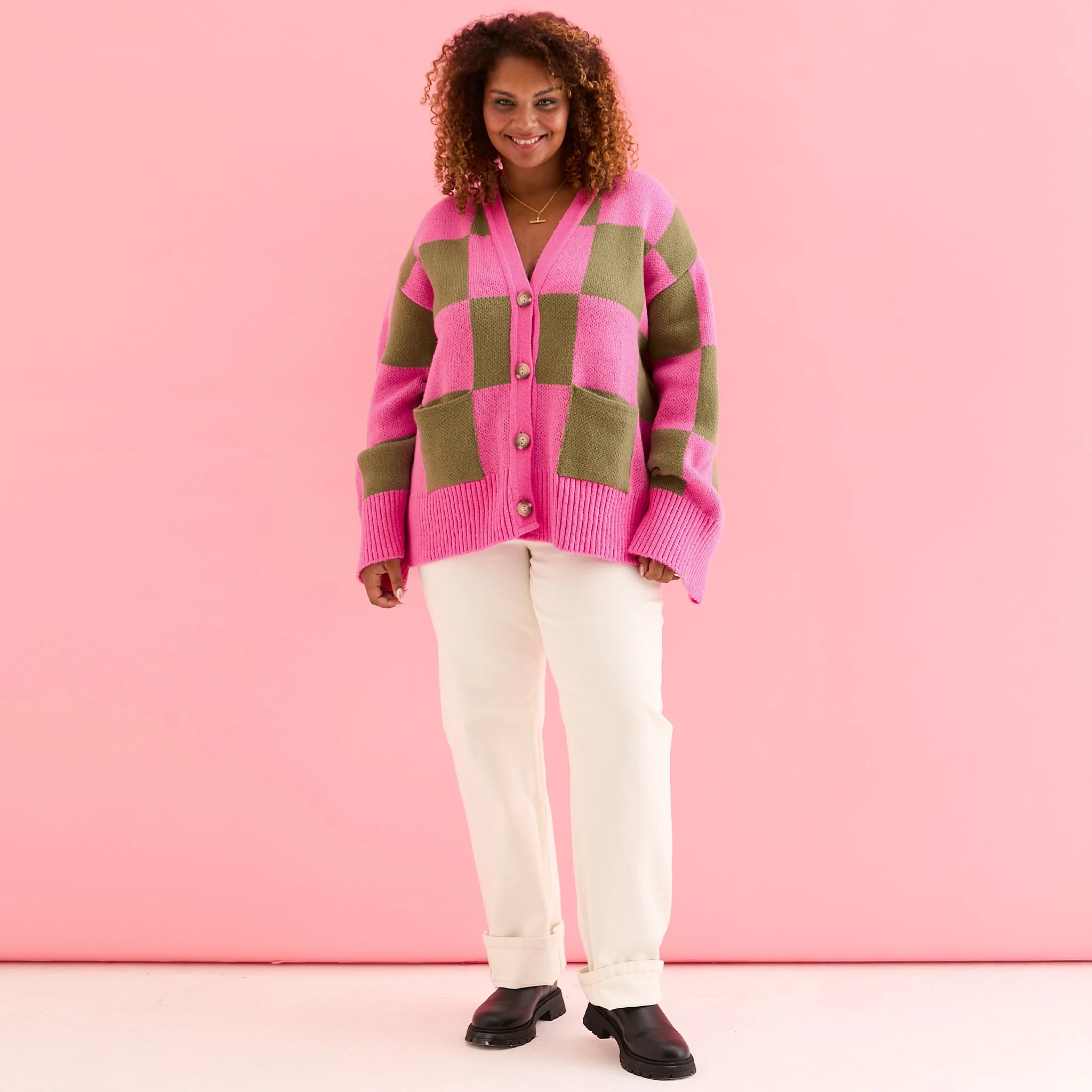Candice Wide Sleeve Checked Button Cardigan - Pink & Green - Image 13