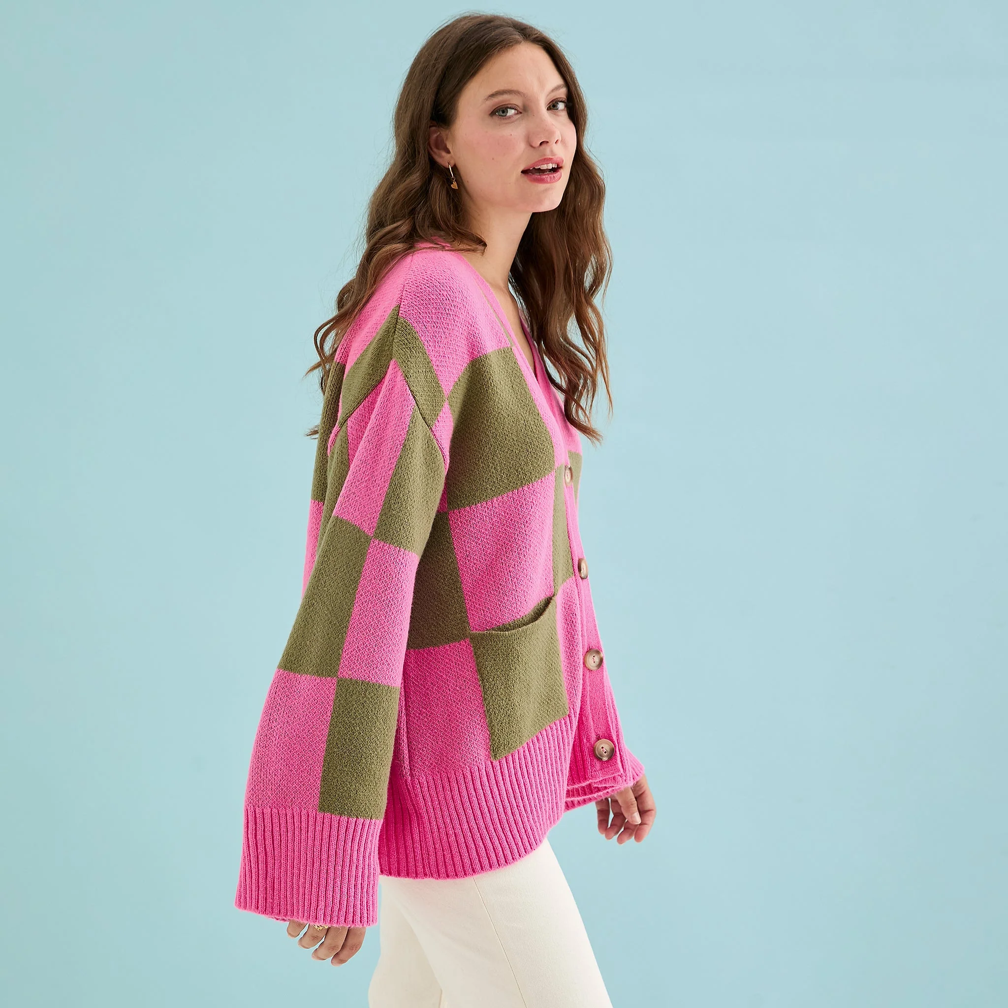 Candice Wide Sleeve Checked Button Cardigan - Pink & Green - Image 3