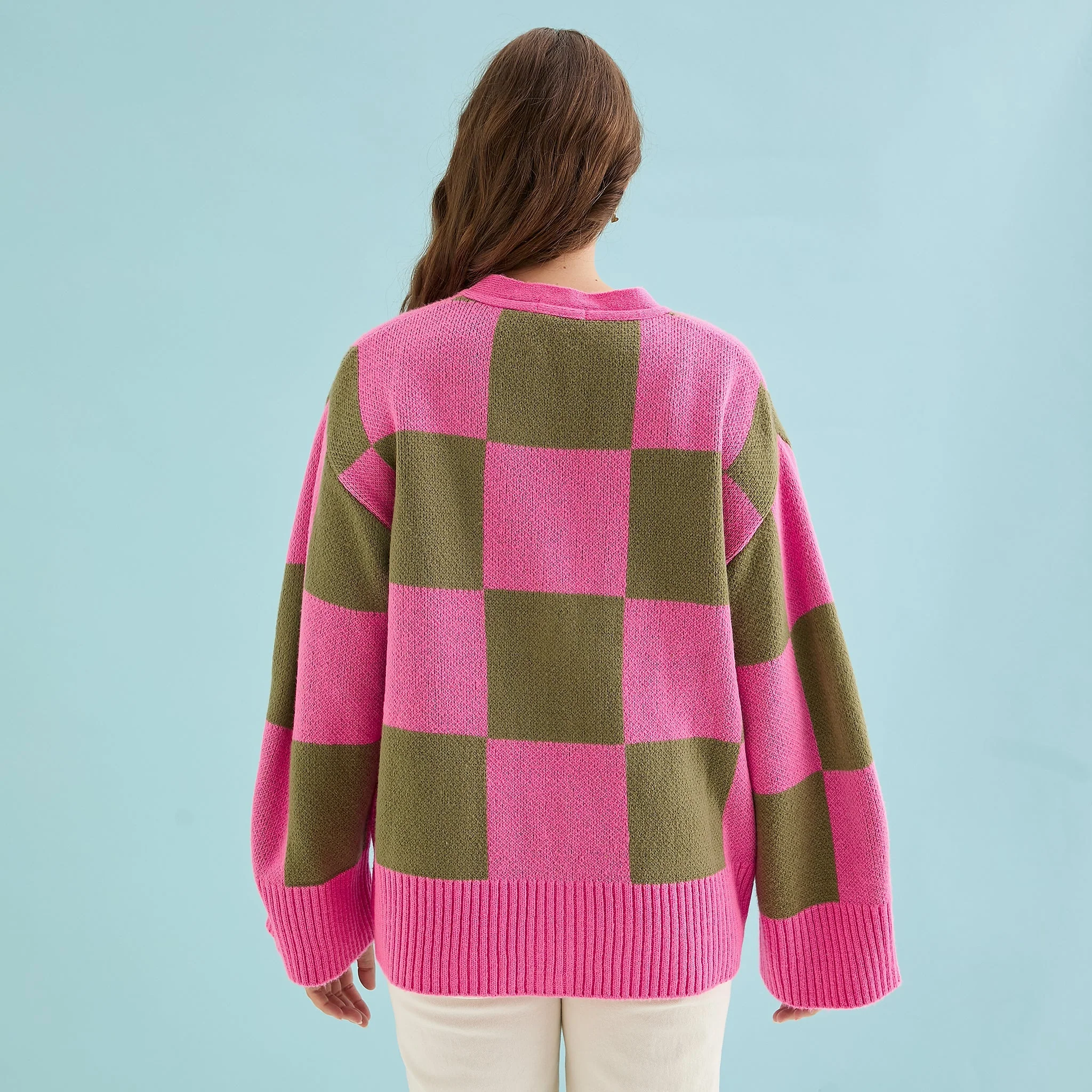 Candice Wide Sleeve Checked Button Cardigan - Pink & Green - Image 4
