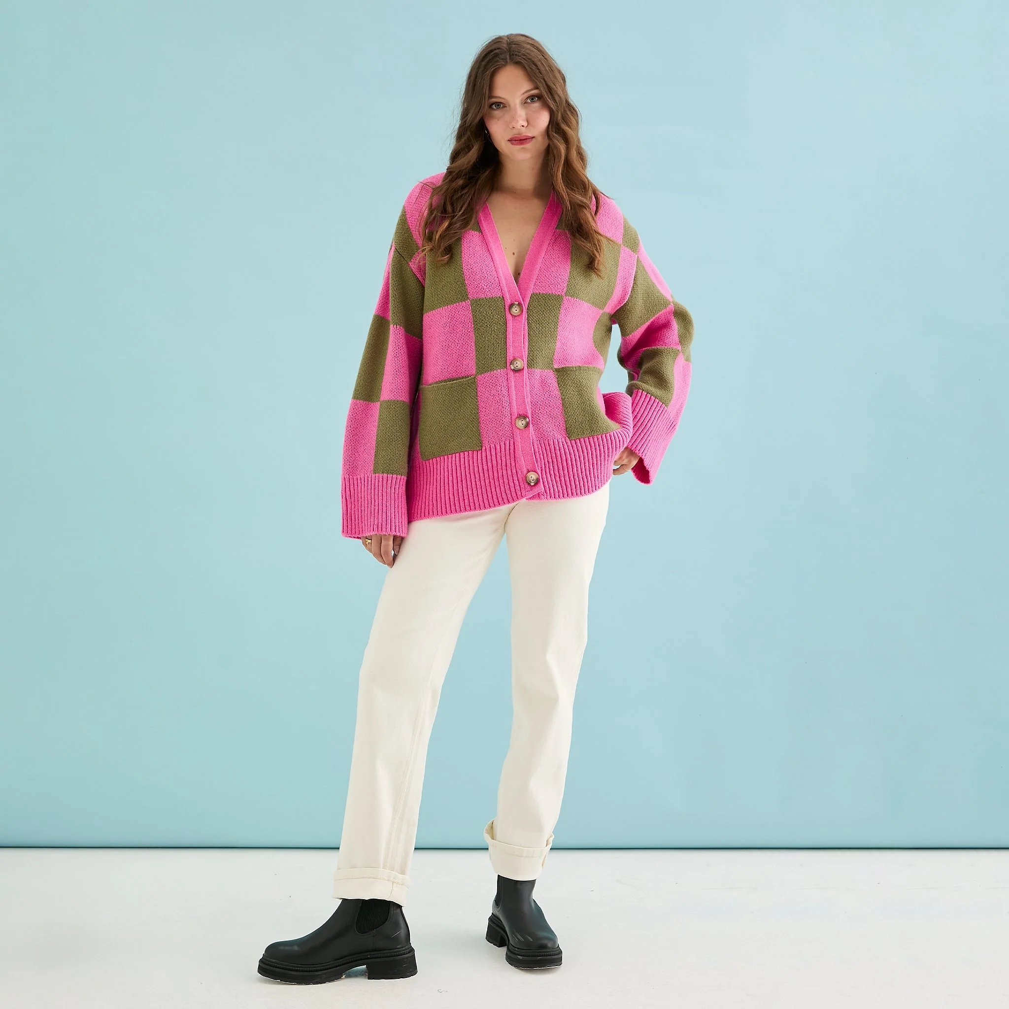 Candice Wide Sleeve Checked Button Cardigan - Pink & Green - Image 5