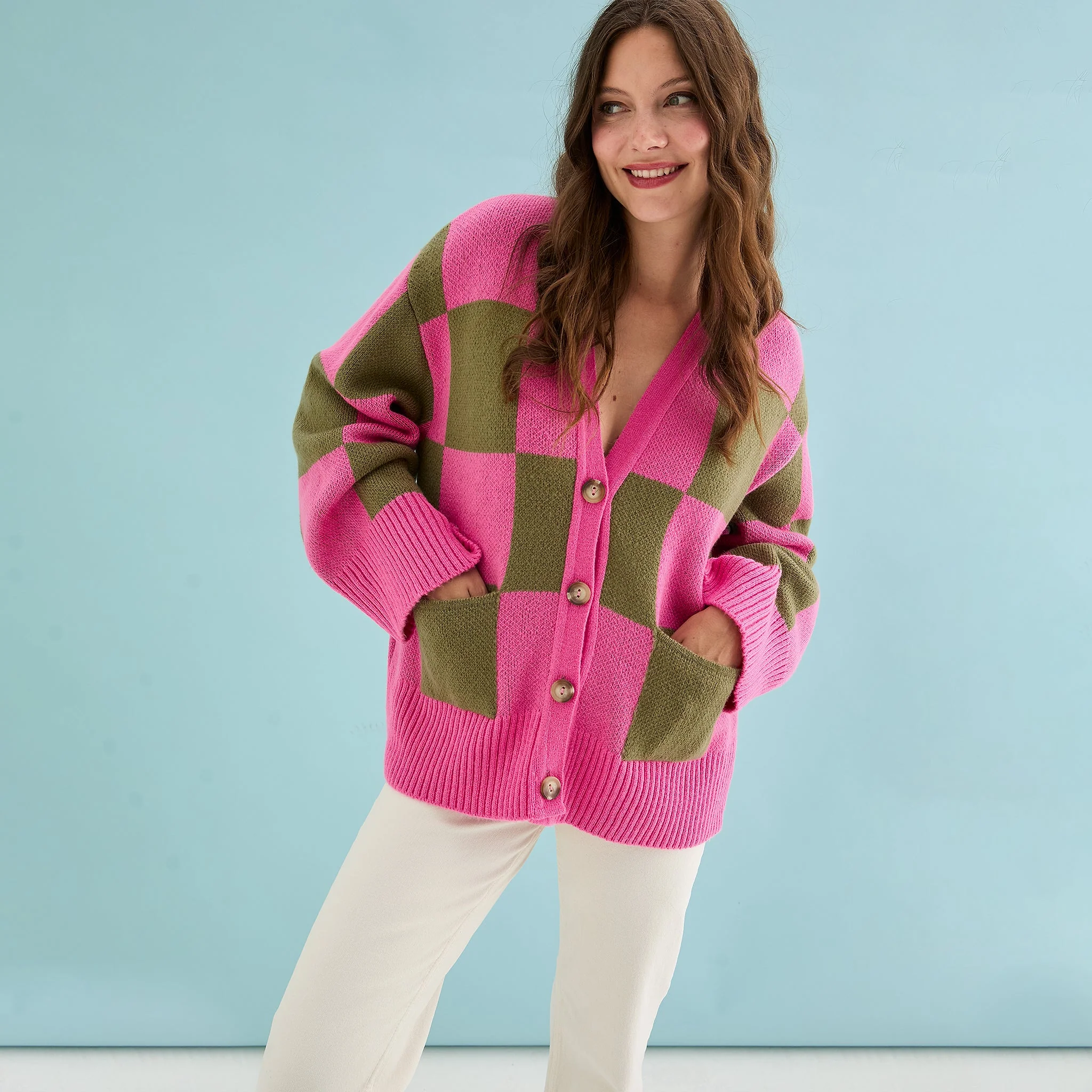 Candice Wide Sleeve Checked Button Cardigan - Pink & Green - Image 7