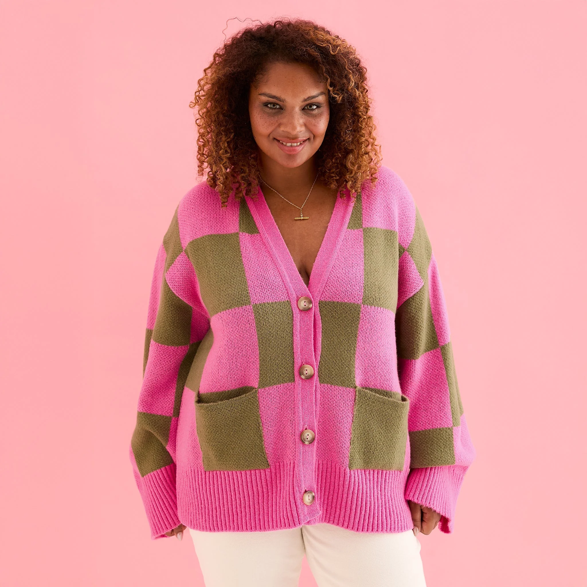 Candice Wide Sleeve Checked Button Cardigan - Pink & Green - Image 9