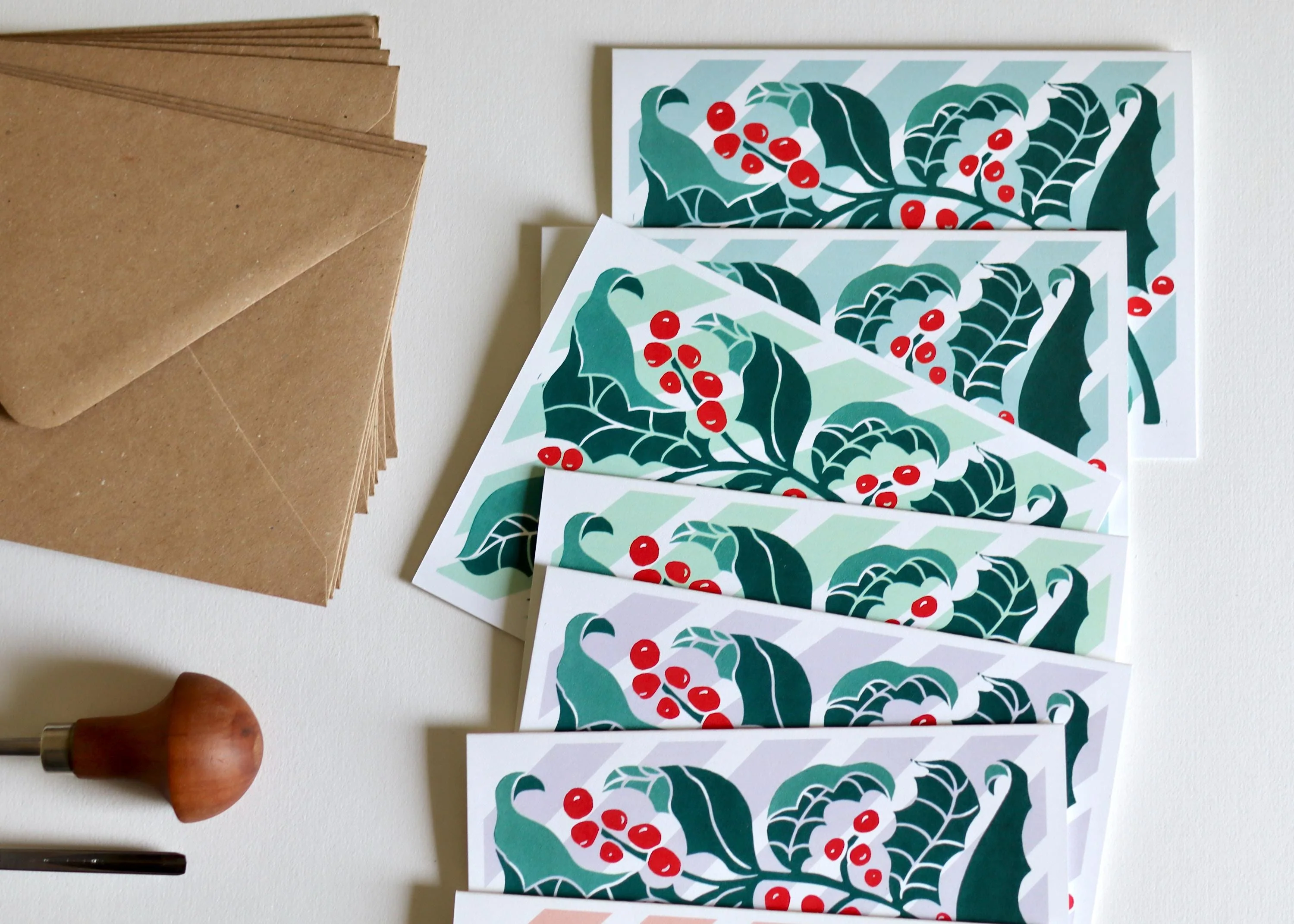 Candy Stripes & Holly Leaves Linocut Notecards - Set of 8 | Festive Christmas Card Set & Envelopes - Image 2
