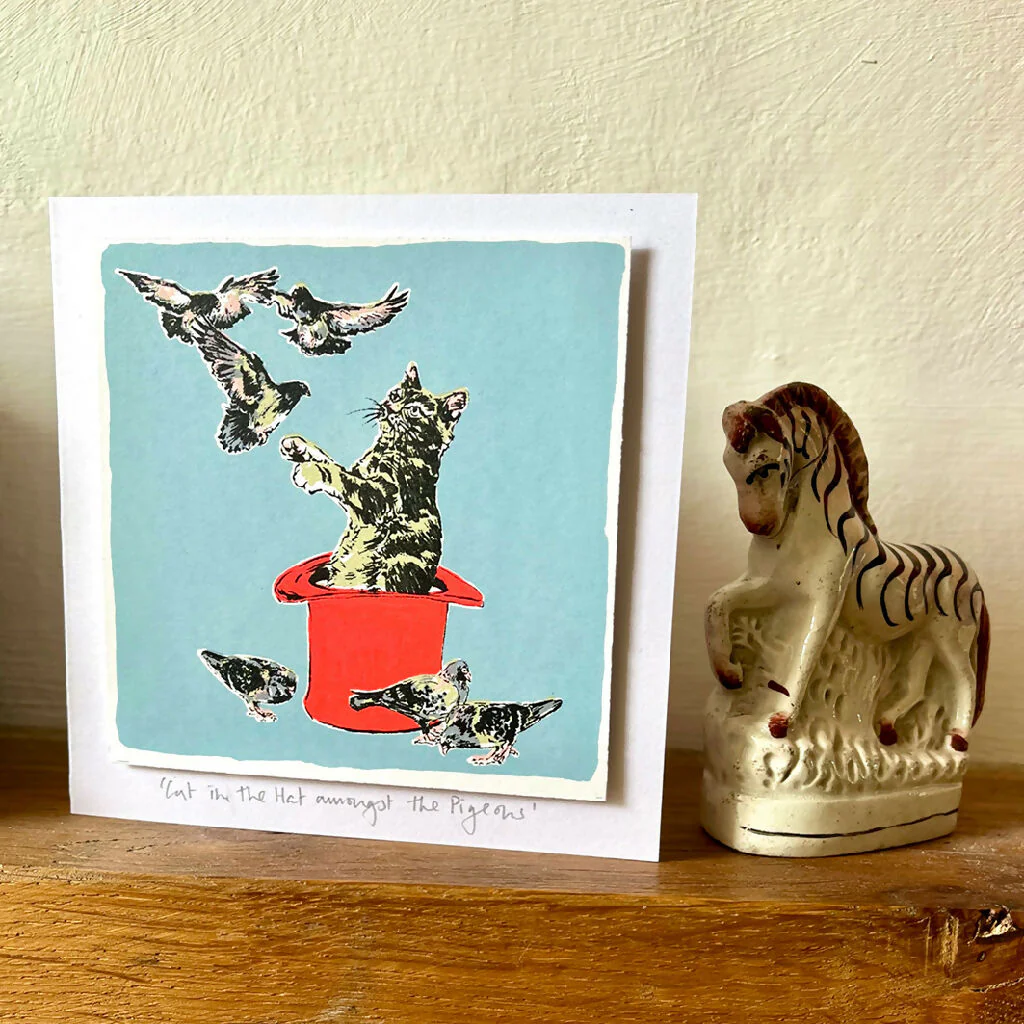 Cat in the Hat amongst the Pigeons Hand Screenprinted Card - Image 2
