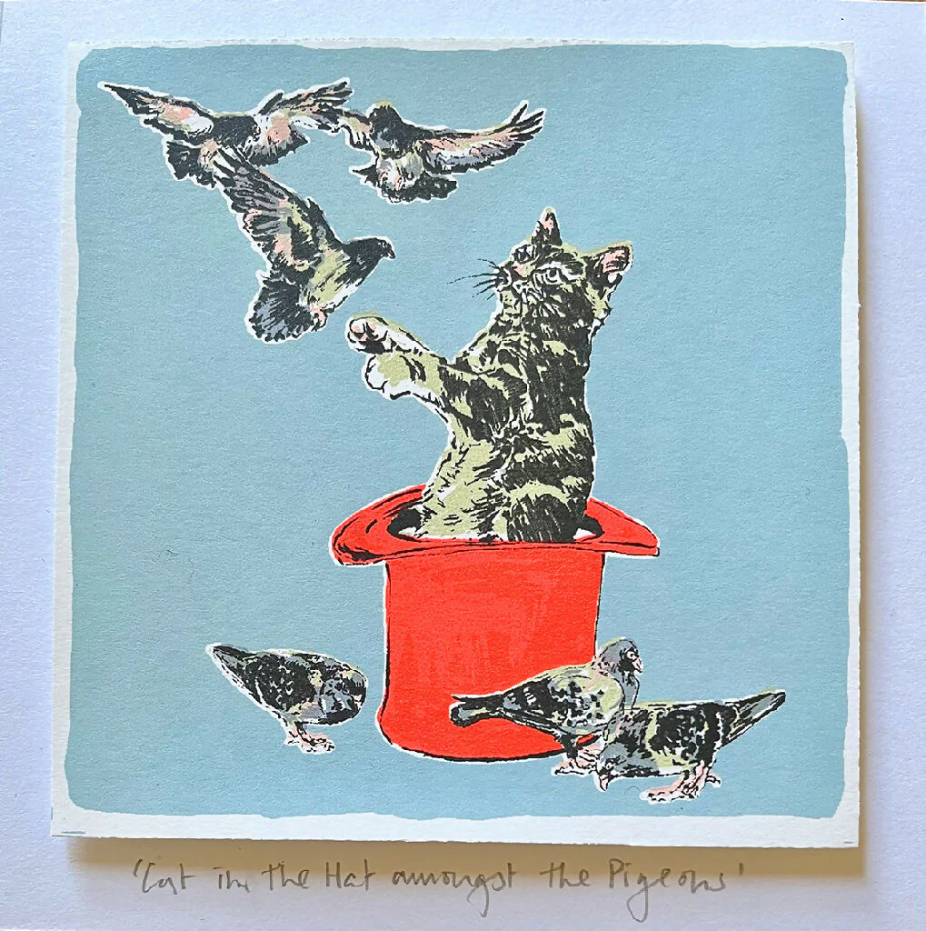 Cat in the Hat amongst the Pigeons Hand Screenprinted Card - Image 3