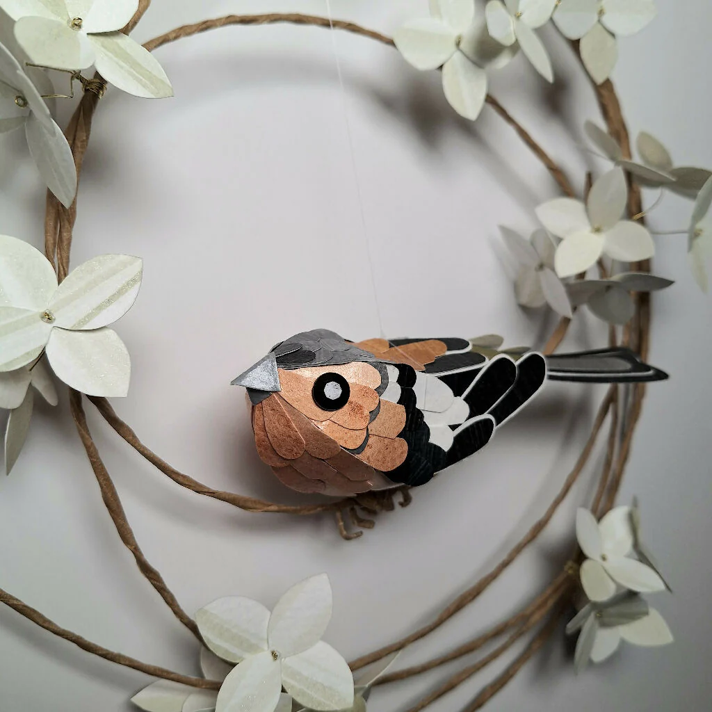 Chaffinch on a floral wreath paper sculpture wall art - Image 3