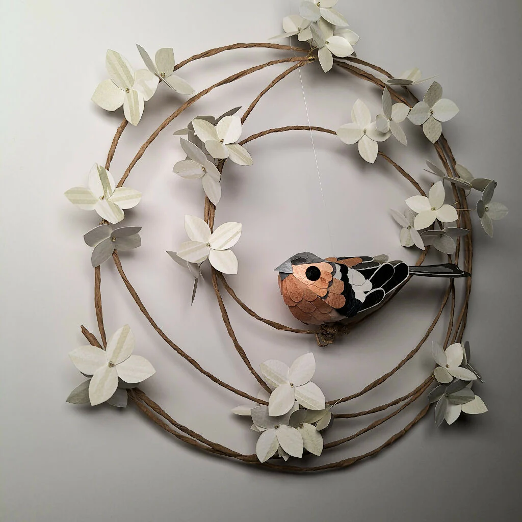 Chaffinch on a floral wreath paper sculpture wall art - Image 4