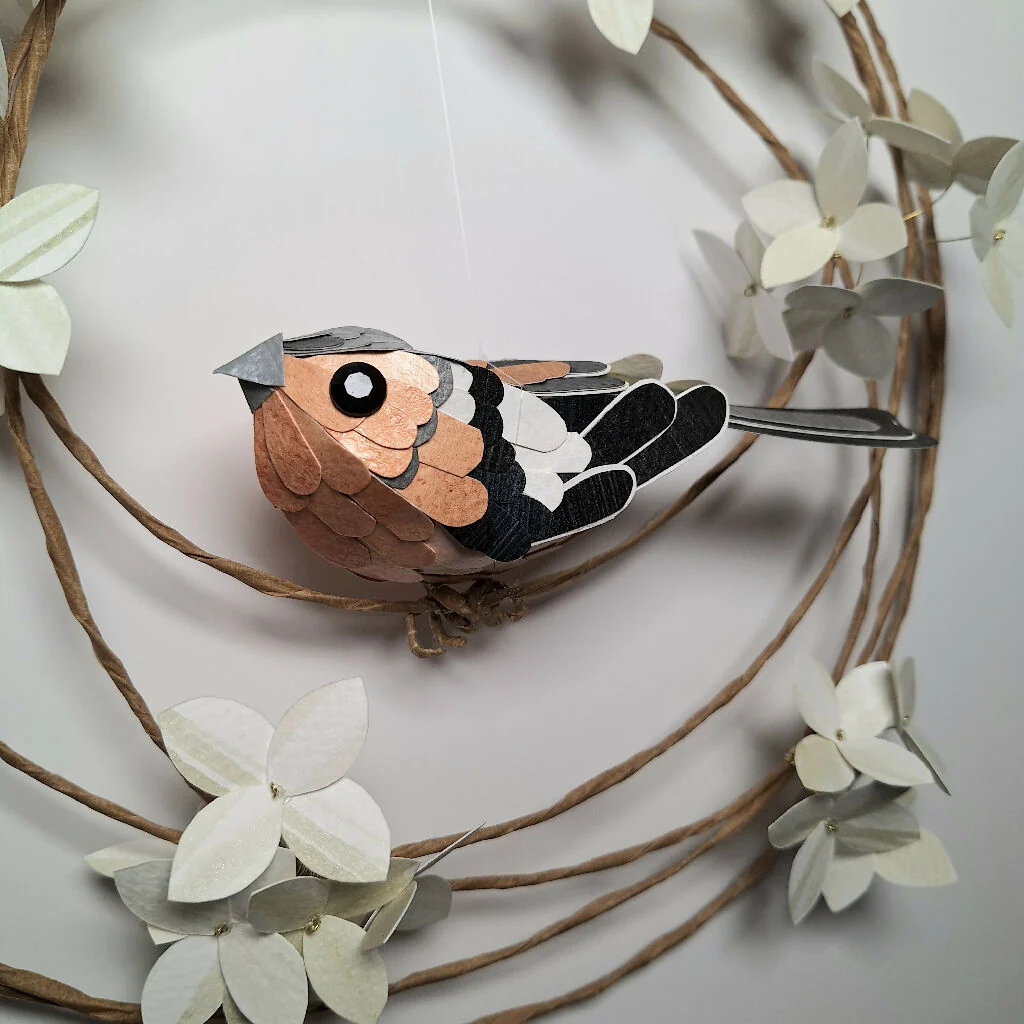 Chaffinch on a floral wreath paper sculpture wall art - Image 5