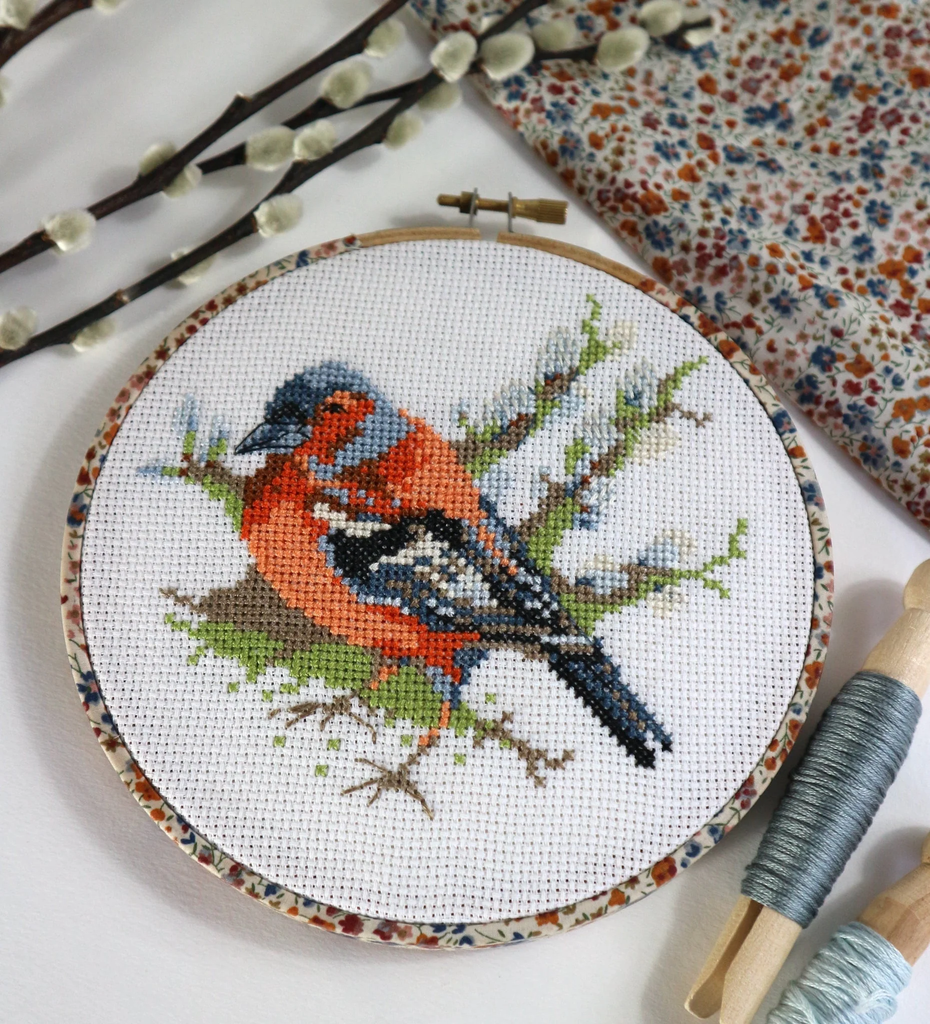 Chaffinch on Pussy Willow, Cross Stitch Embroidery Hoop Wall Hanging Kit