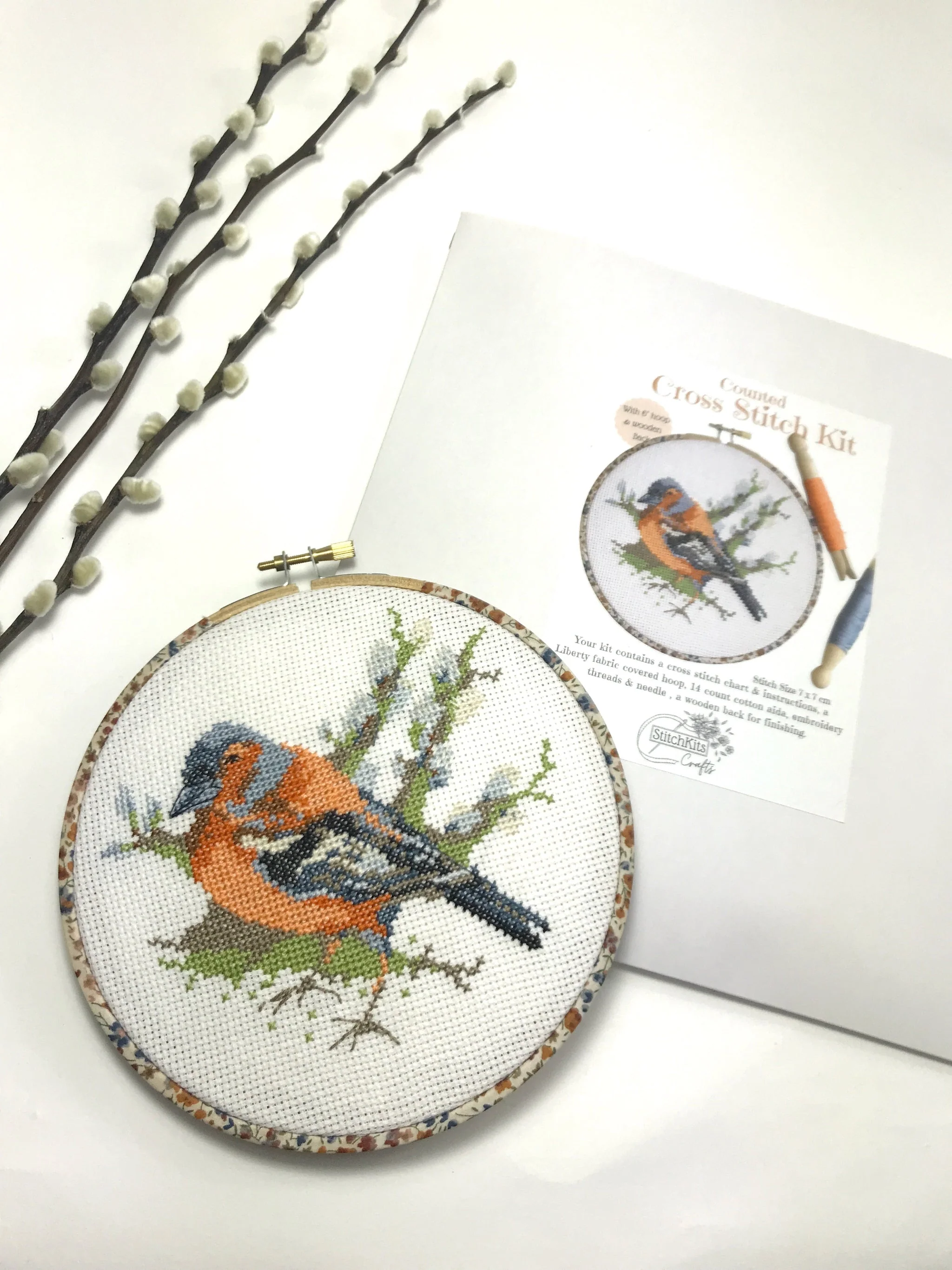 Chaffinch on Pussy Willow, Cross Stitch Embroidery Hoop Wall Hanging Kit - Image 6