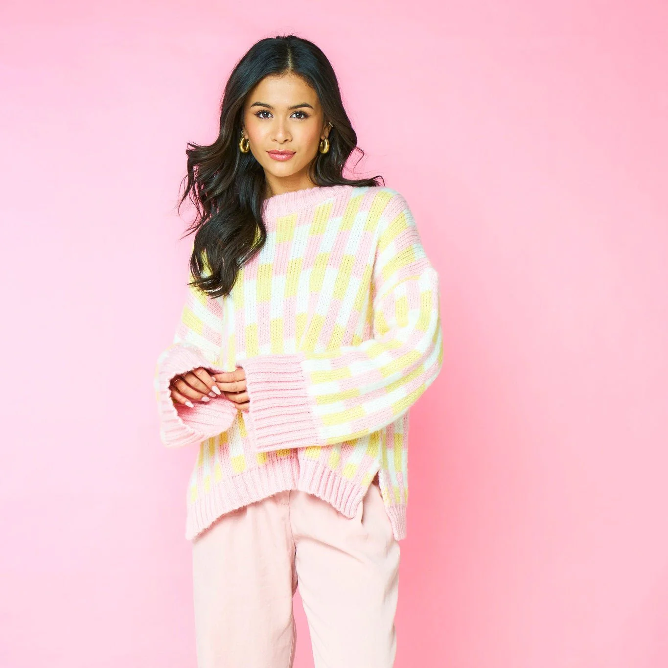 Charlotte Geometric Pattern Wide Sleeve Knit Jumper - Pink - Image 5