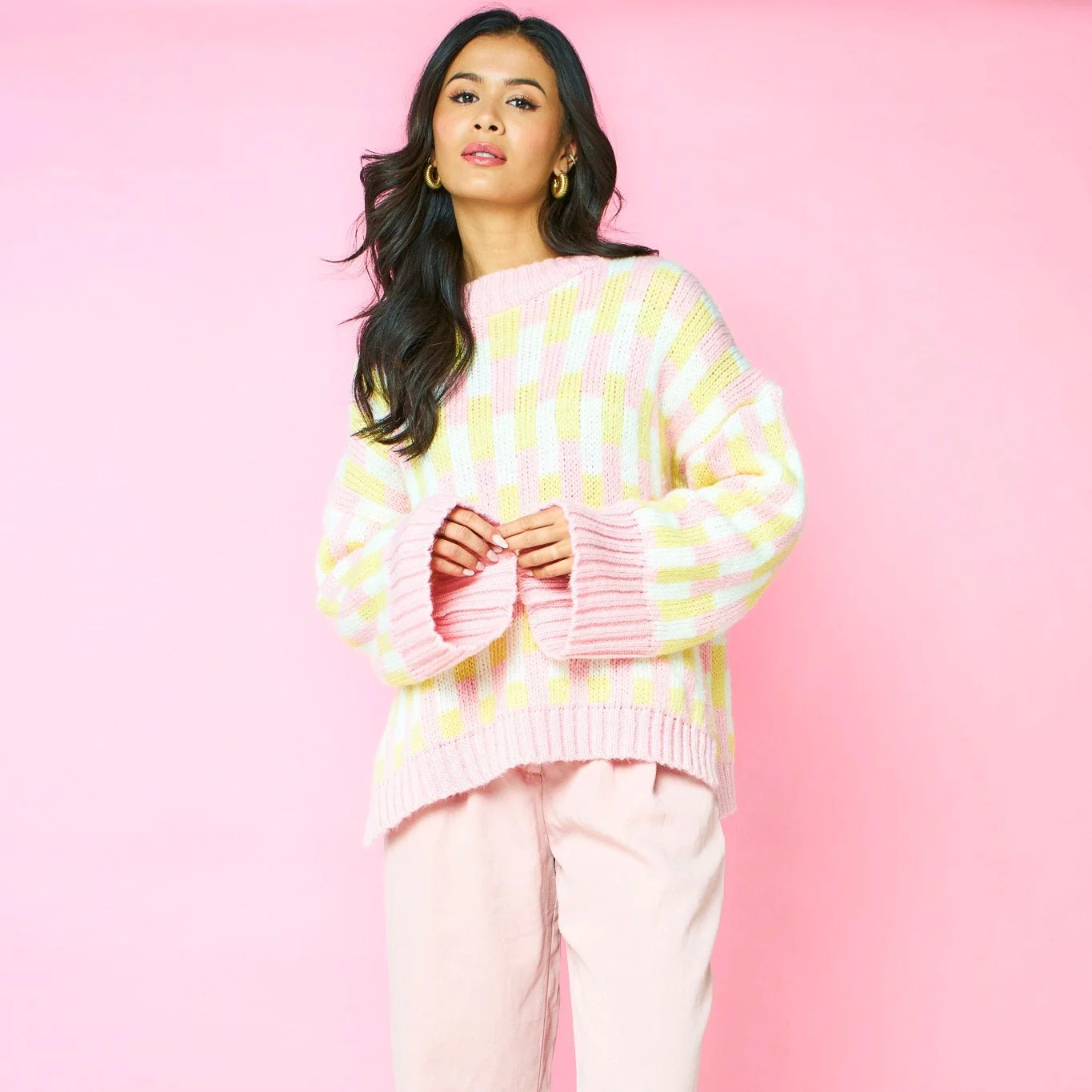 Charlotte Geometric Pattern Wide Sleeve Knit Jumper - Pink - Image 6