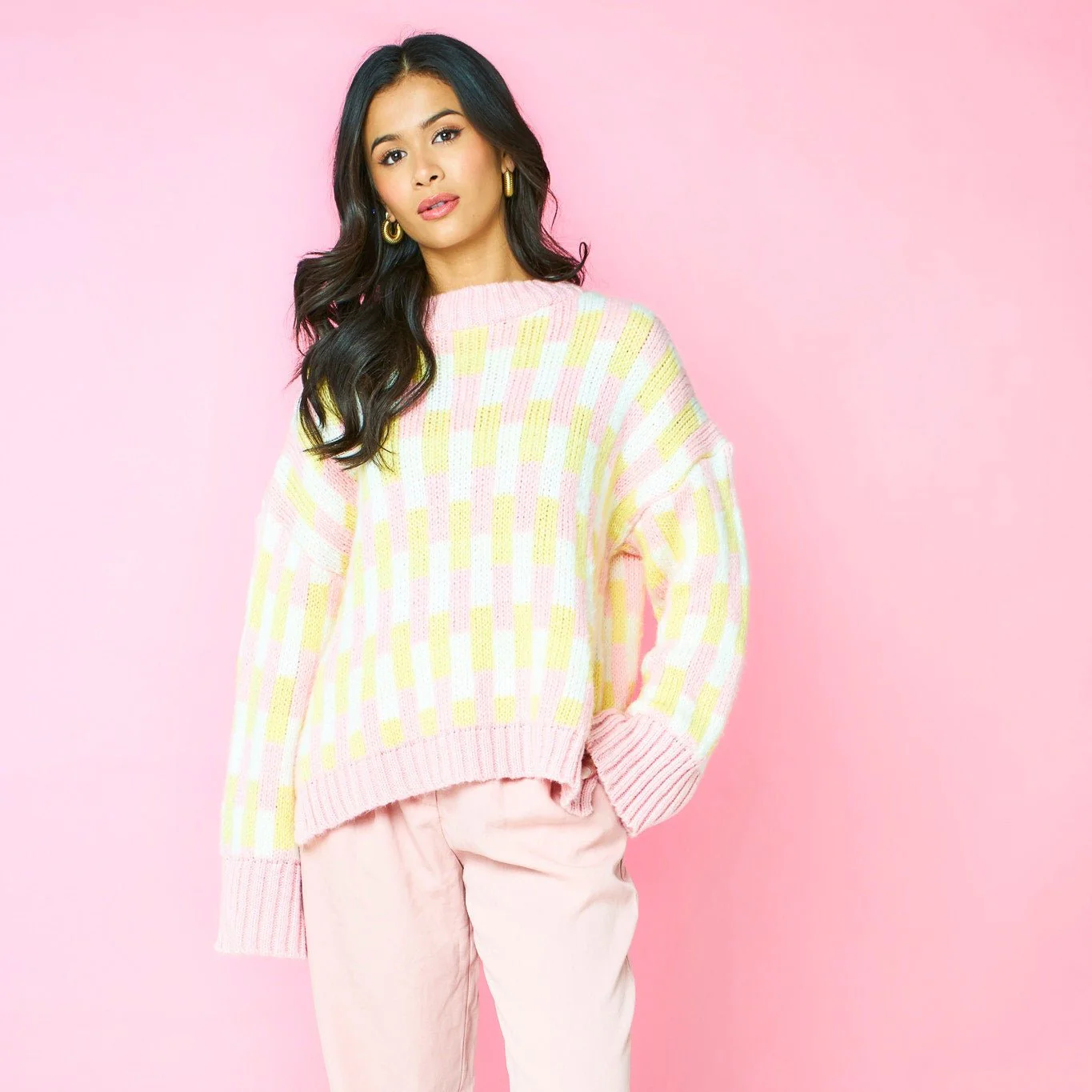 Charlotte Geometric Pattern Wide Sleeve Knit Jumper - Pink - Image 7