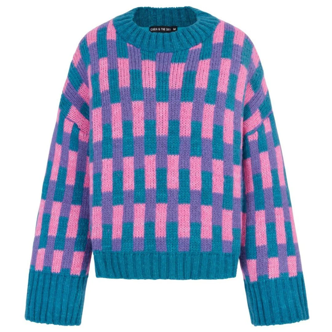 Charlotte Geometric Pattern Wide Sleeve Knit Jumper - Teal - Image 2