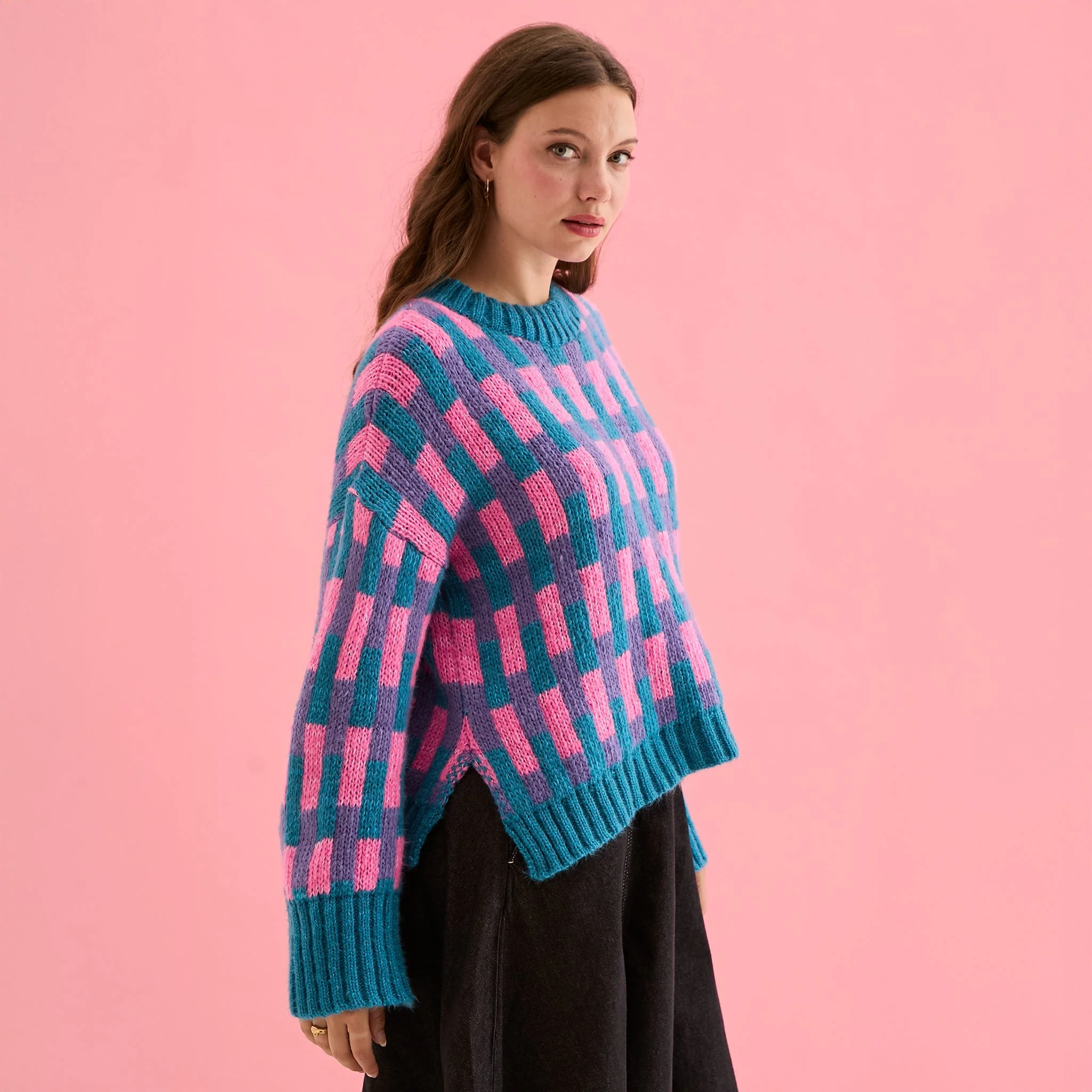 Charlotte Geometric Pattern Wide Sleeve Knit Jumper - Teal - Image 4