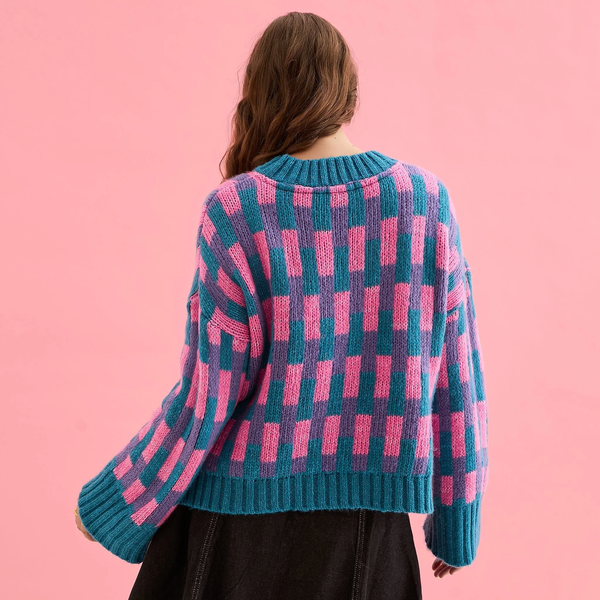 Charlotte Geometric Pattern Wide Sleeve Knit Jumper - Teal - Image 5